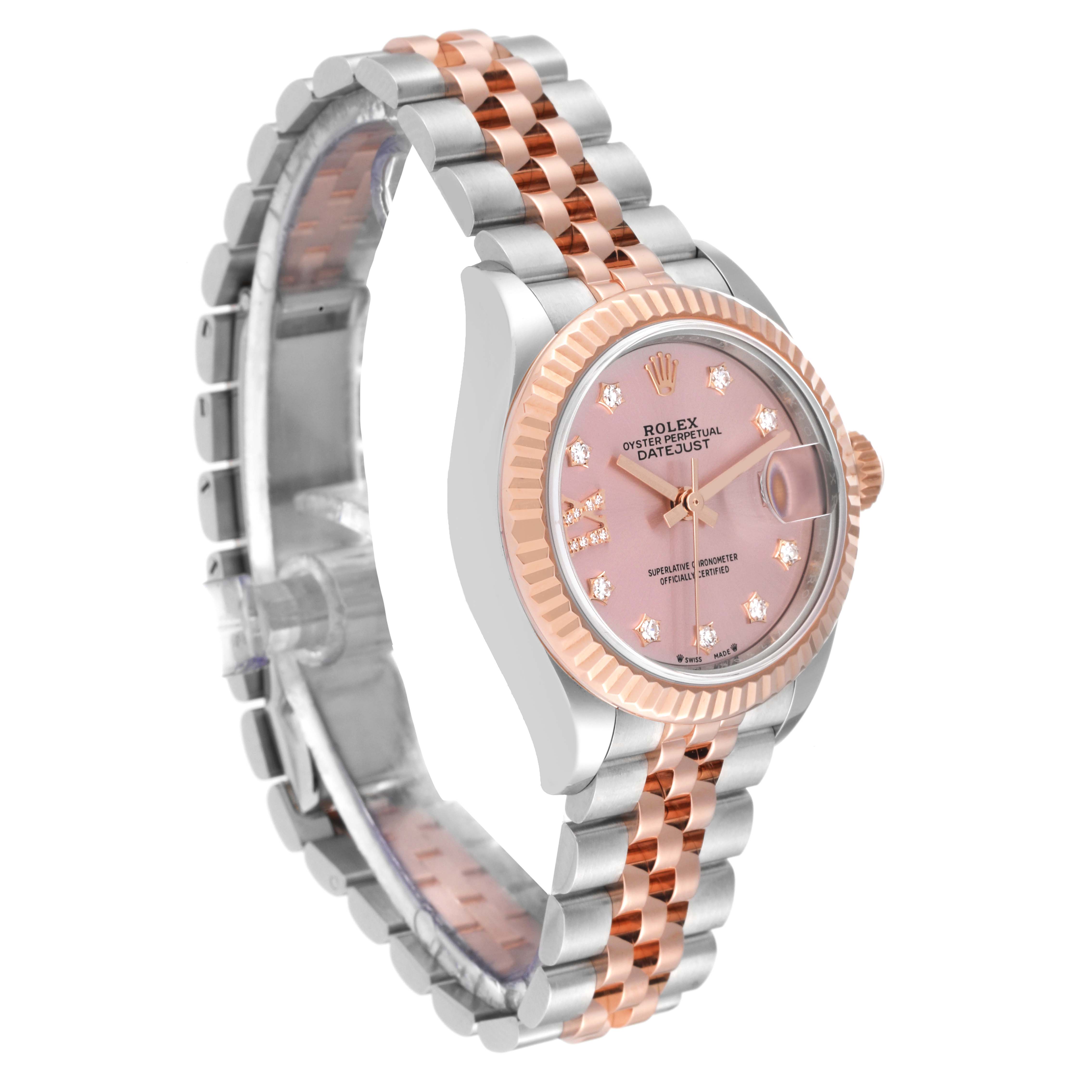 This image shows a side angle of a Rolex Datejust 279171 Women's Stainless Steel Pink Dial 279171 Women's Stainless Steel Pink Dial watch, featuring its two-tone bracelet and pink diamond-set dial.