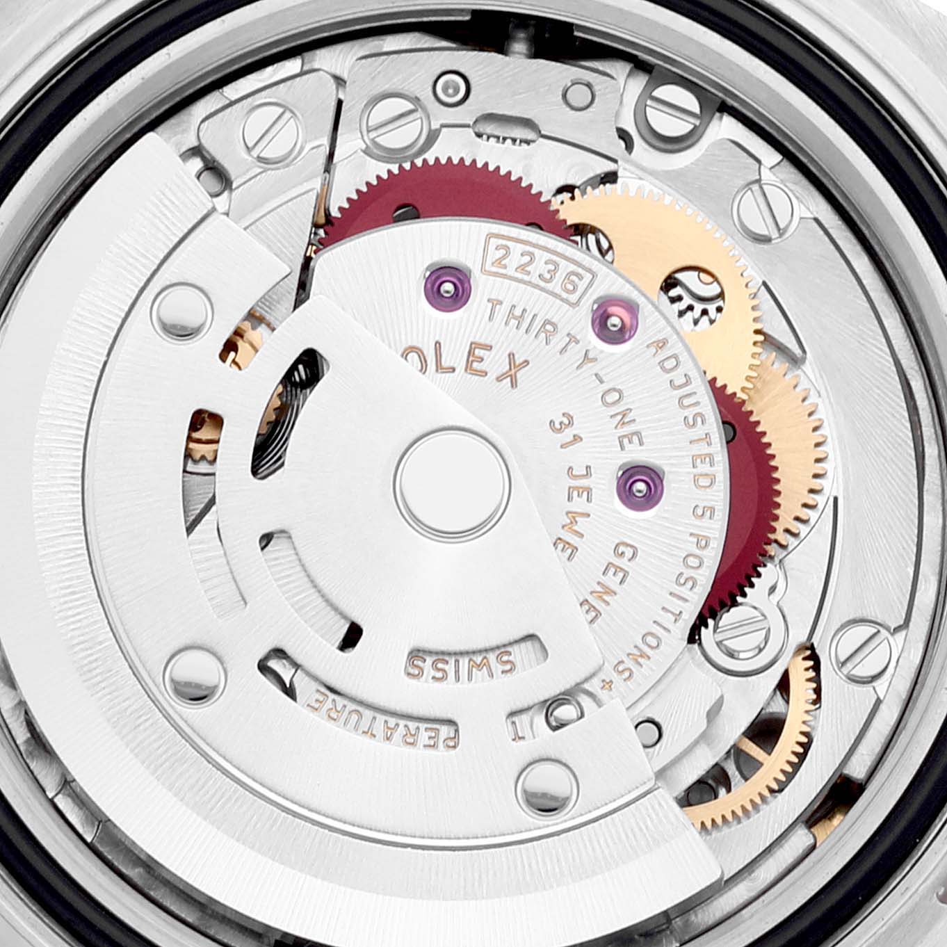 The image shows a close-up view of the movement mechanism of a Rolex Datejust 279171 Women's Stainless Steel Pink Dial 279171 Women's Stainless Steel Pink Dial watch.