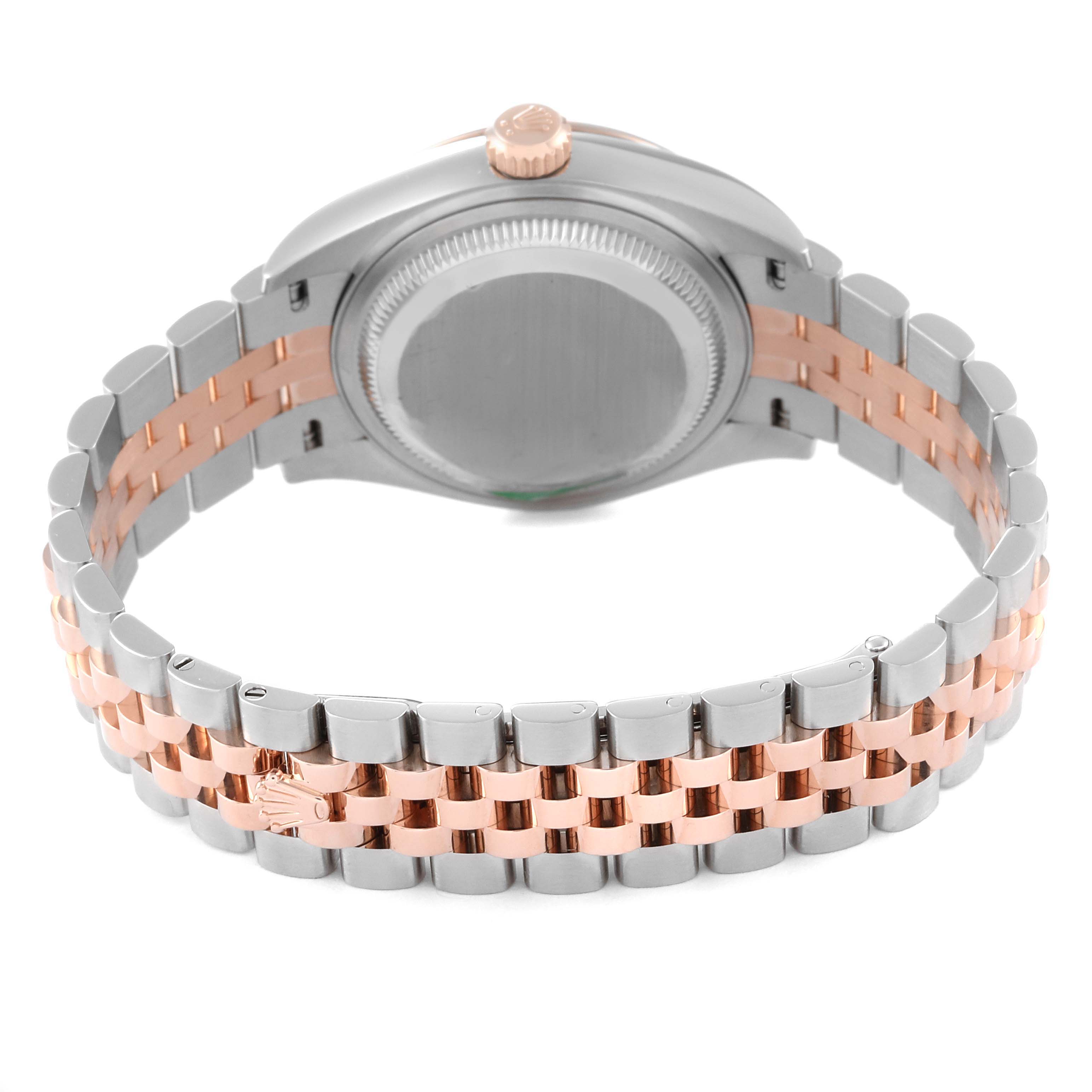 The image shows the back view of a Rolex Datejust 279171 Women's Stainless Steel Pink Dial 279171 Women's Stainless Steel Pink Dial watch, highlighting its case back and two-tone bracelet.