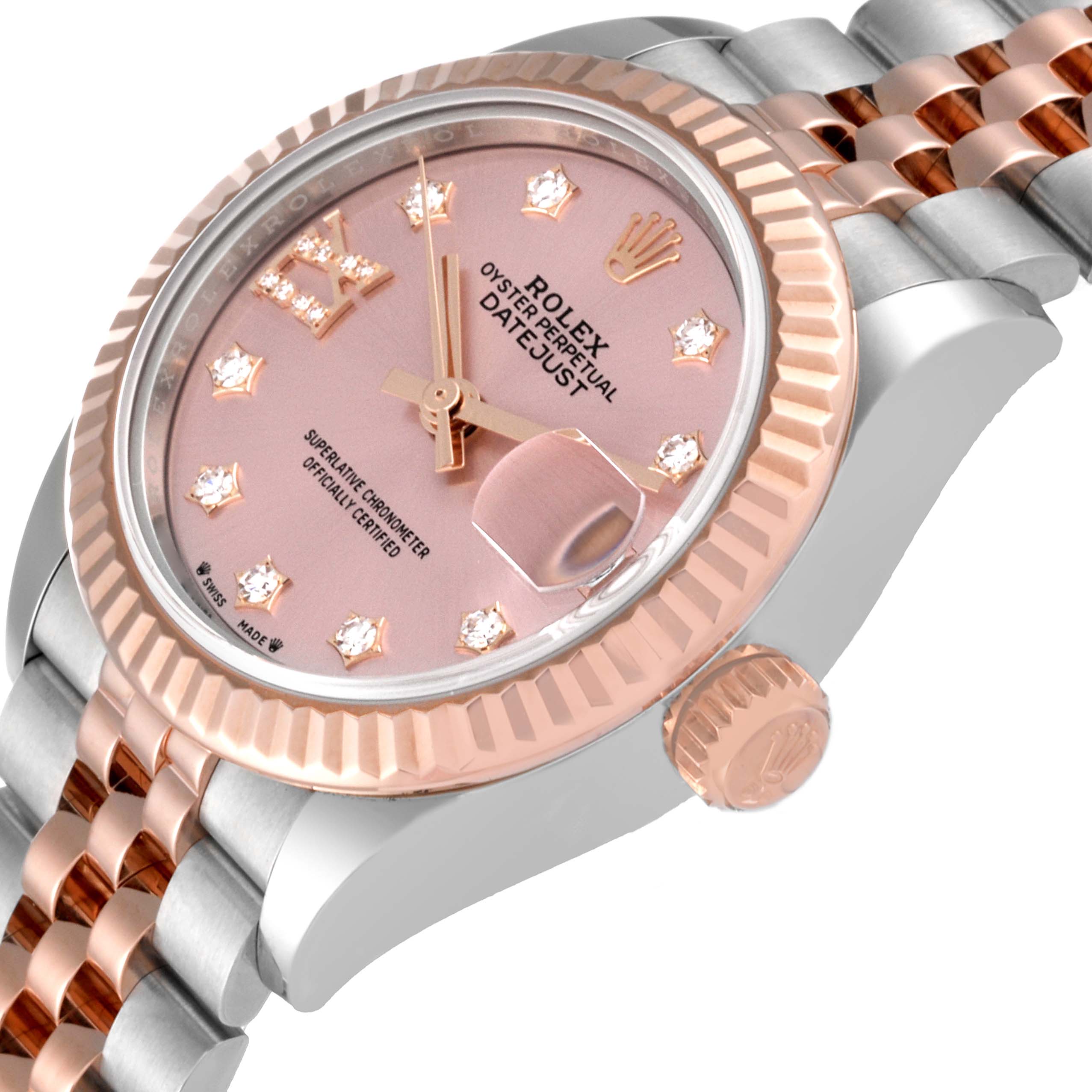 This image shows a close-up of the dial, bezel, and part of the bracelet of a Rolex Datejust 279171 Women's Stainless Steel Pink Dial 279171 Women's Stainless Steel Pink Dial watch.