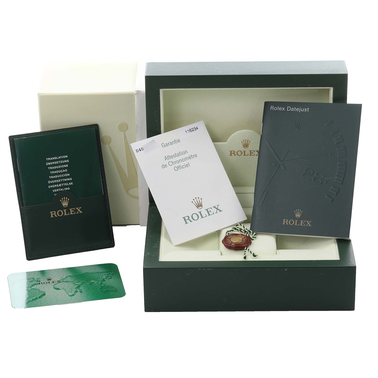 The image shows the packaging, guarantee card, wallet, hang tag, and booklet for a Rolex Datejust 116234 Men
s Stainless Steel Black Dial 116234 Men
s Stainless Steel Black Dial watch.