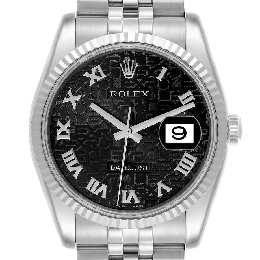 The image shows a Rolex Datejust watch from a front angle, featuring the dial, bezel, crown, and part of the bracelet.