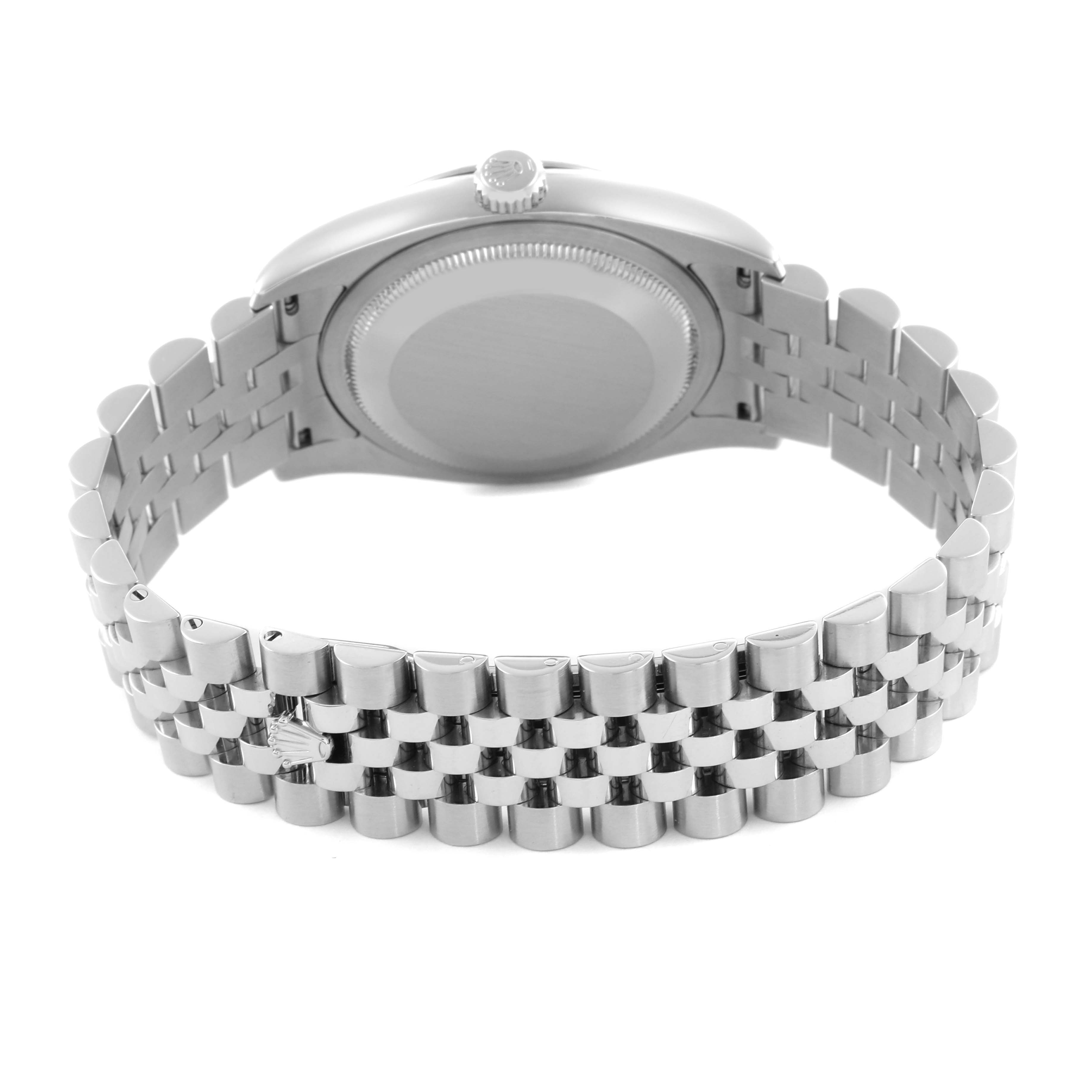 The image shows the back view of a Rolex Datejust 116234 Men
s Stainless Steel Black Dial 116234 Men
s Stainless Steel Black Dial watch, highlighting the clasp and bracelet links.