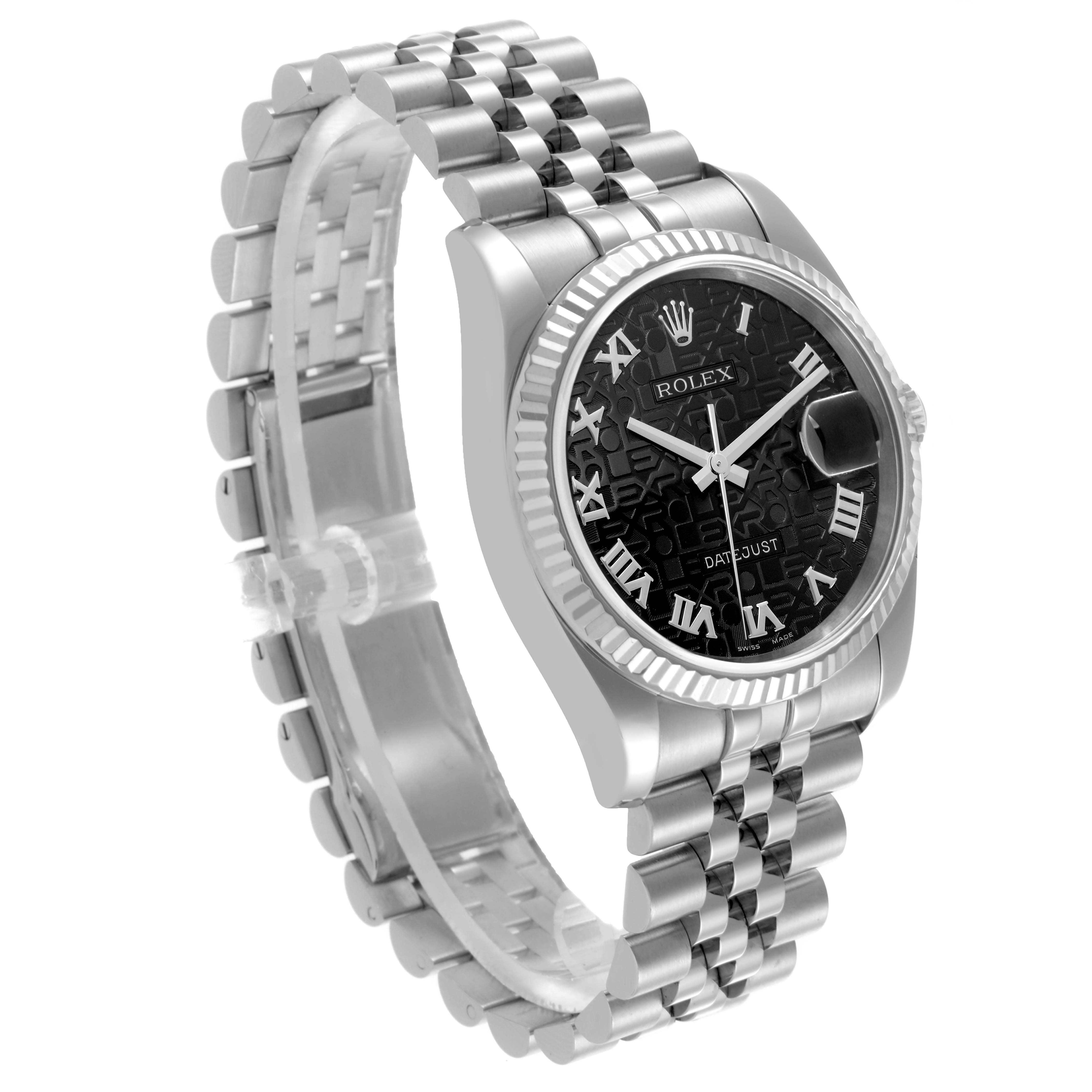 The Rolex Datejust 116234 Men
s Stainless Steel Black Dial 116234 Men
s Stainless Steel Black Dial watch is shown at an oblique angle, displaying the dial, bezel, and part of the bracelet.