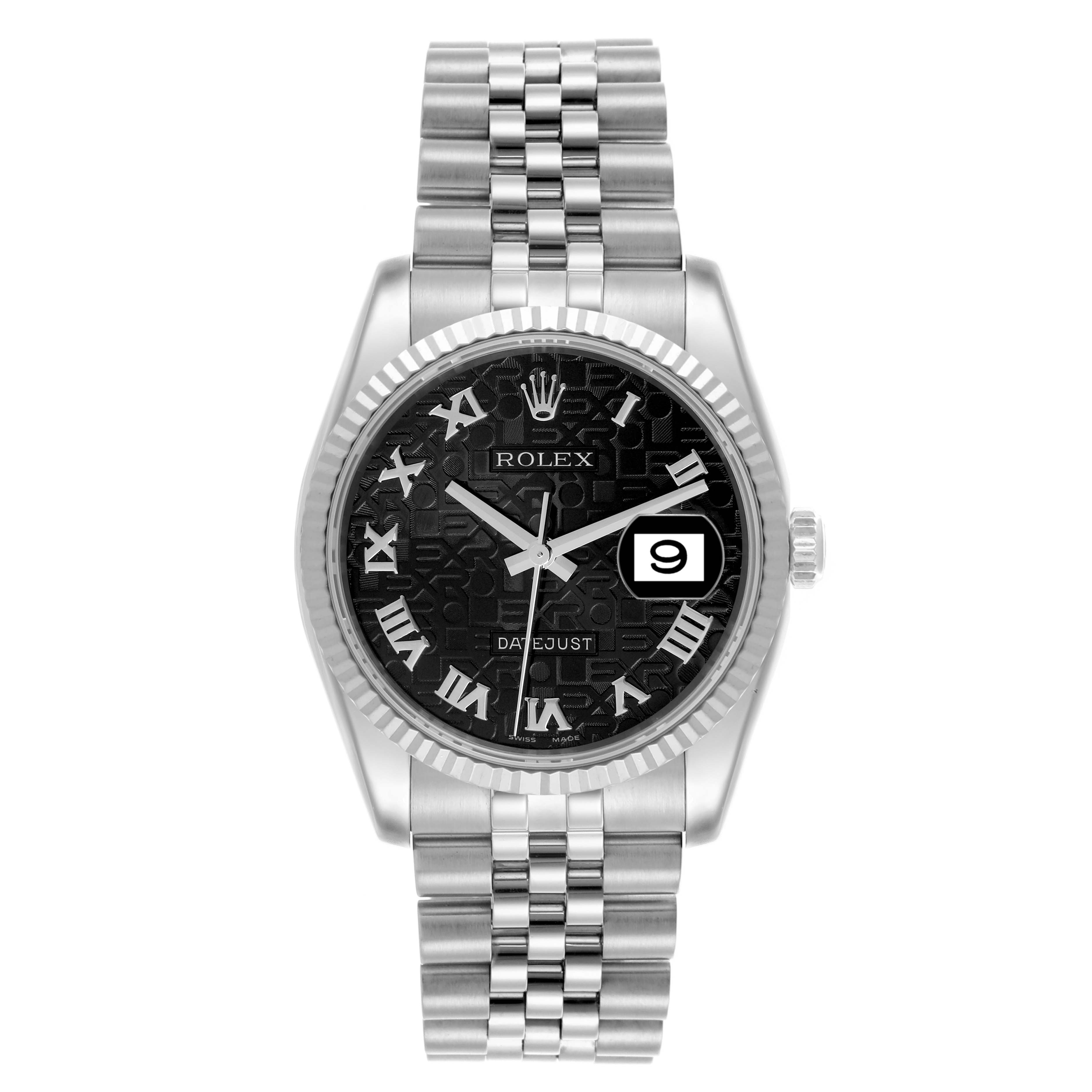 The Rolex Datejust 116234 Men
s Stainless Steel Black Dial 116234 Men
s Stainless Steel Black Dial is shown from the front, displaying the dial, bezel, bracelet, and date magnifier.
