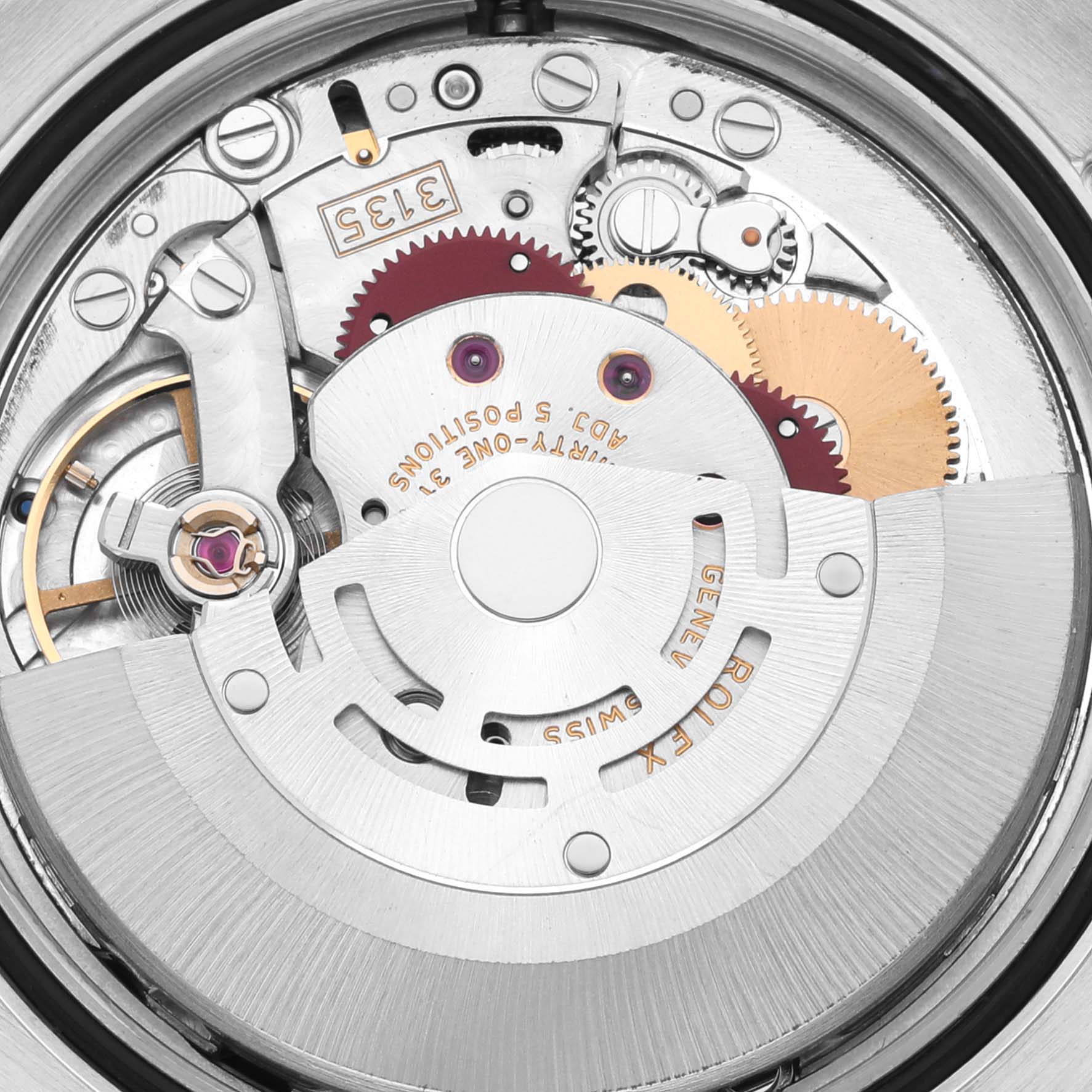 The image shows the movement mechanism of a Rolex Datejust 116234 Men
s Stainless Steel Black Dial 116234 Men
s Stainless Steel Black Dial, highlighting gears and internal components.