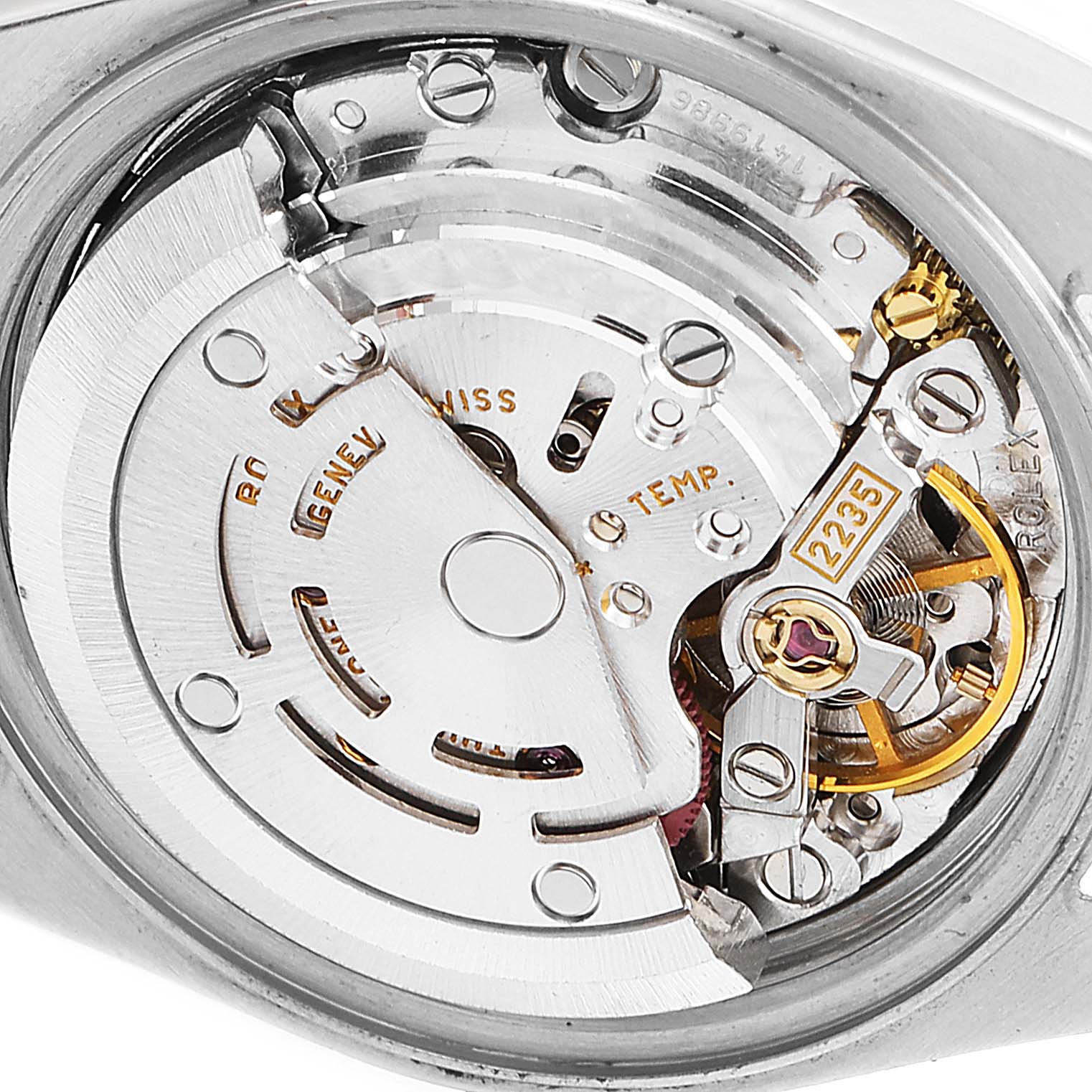 This image shows the movement components of a Rolex Datejust 79174 Women
s Stainless Steel Blue Dial 79174 Women
s Stainless Steel Blue Dial watch, viewed from the back.