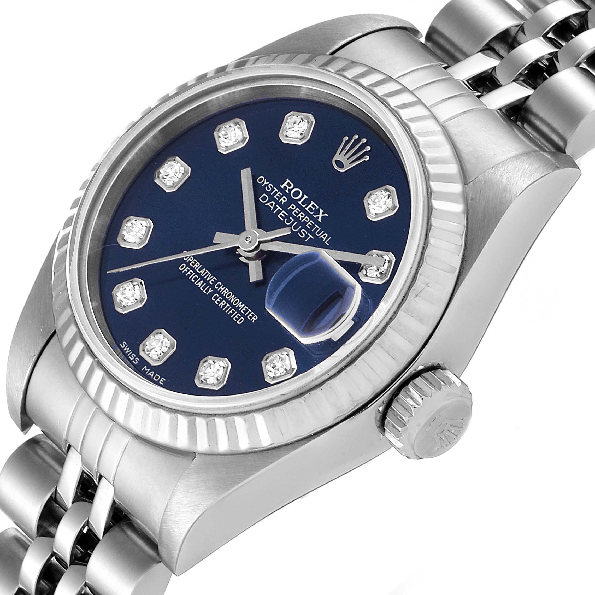 The image displays the Rolex Datejust 79174 Women
s Stainless Steel Blue Dial 79174 Women
s Stainless Steel Blue Dial watch at an angled close-up, showing the face, crown, and part of the bracelet.