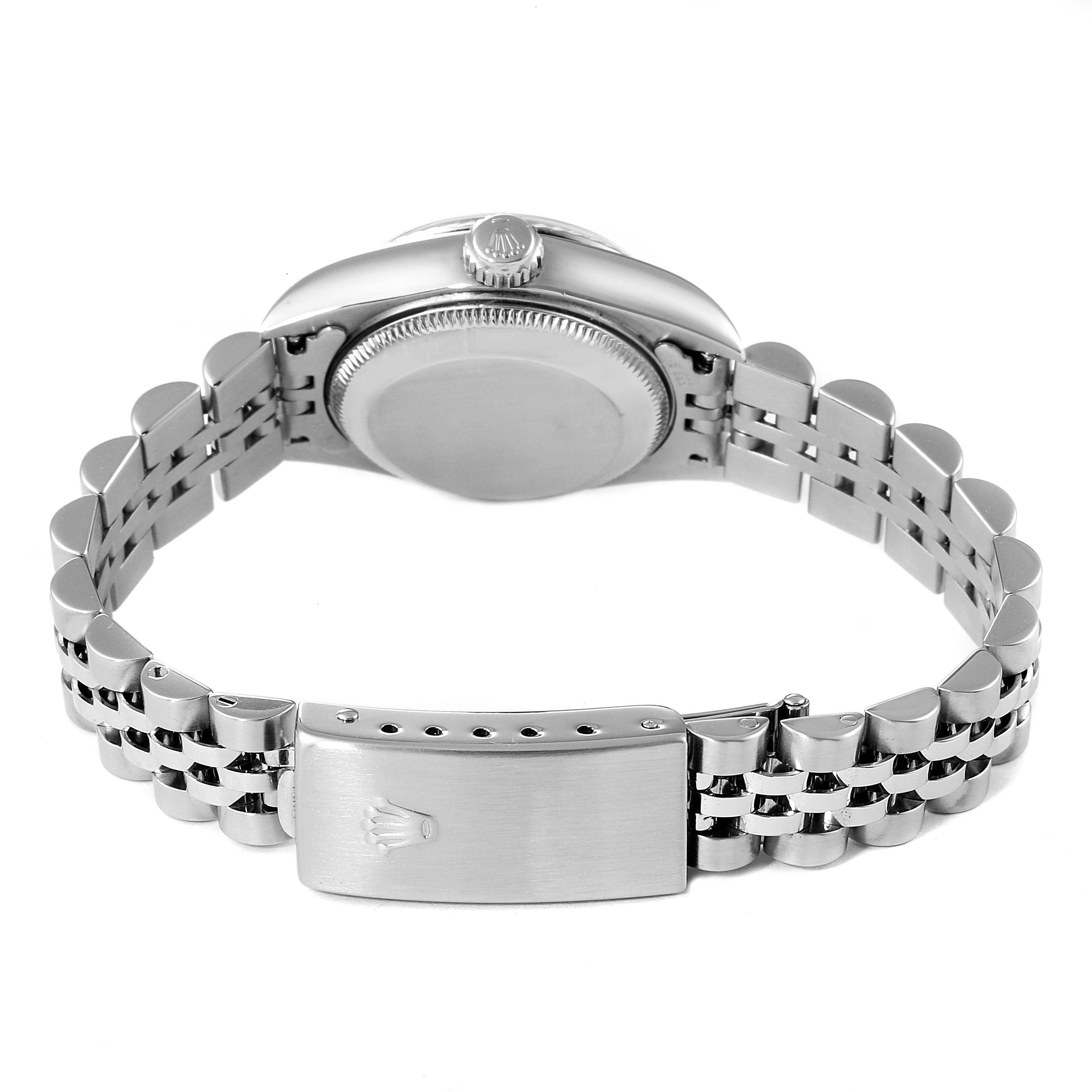 The image shows the back view of the Rolex Datejust 79174 Women
s Stainless Steel Blue Dial 79174 Women
s Stainless Steel Blue Dial watch, highlighting the closed clasp and bracelet.