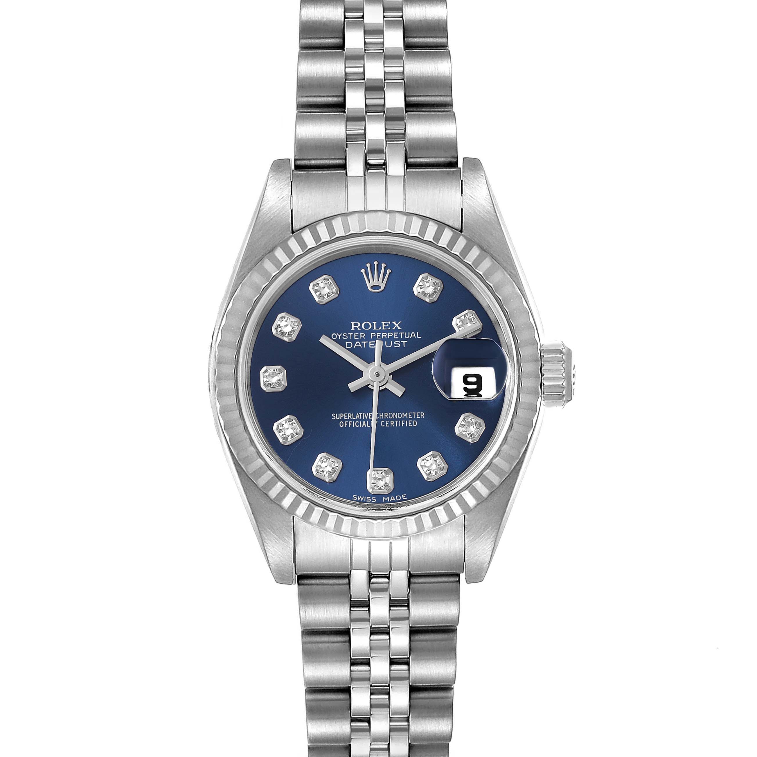 This image shows a Rolex Datejust 79174 Women
s Stainless Steel Blue Dial 79174 Women
s Stainless Steel Blue Dial watch from a front angle, featuring a blue dial with diamond hour markers and a Jubilee bracelet.