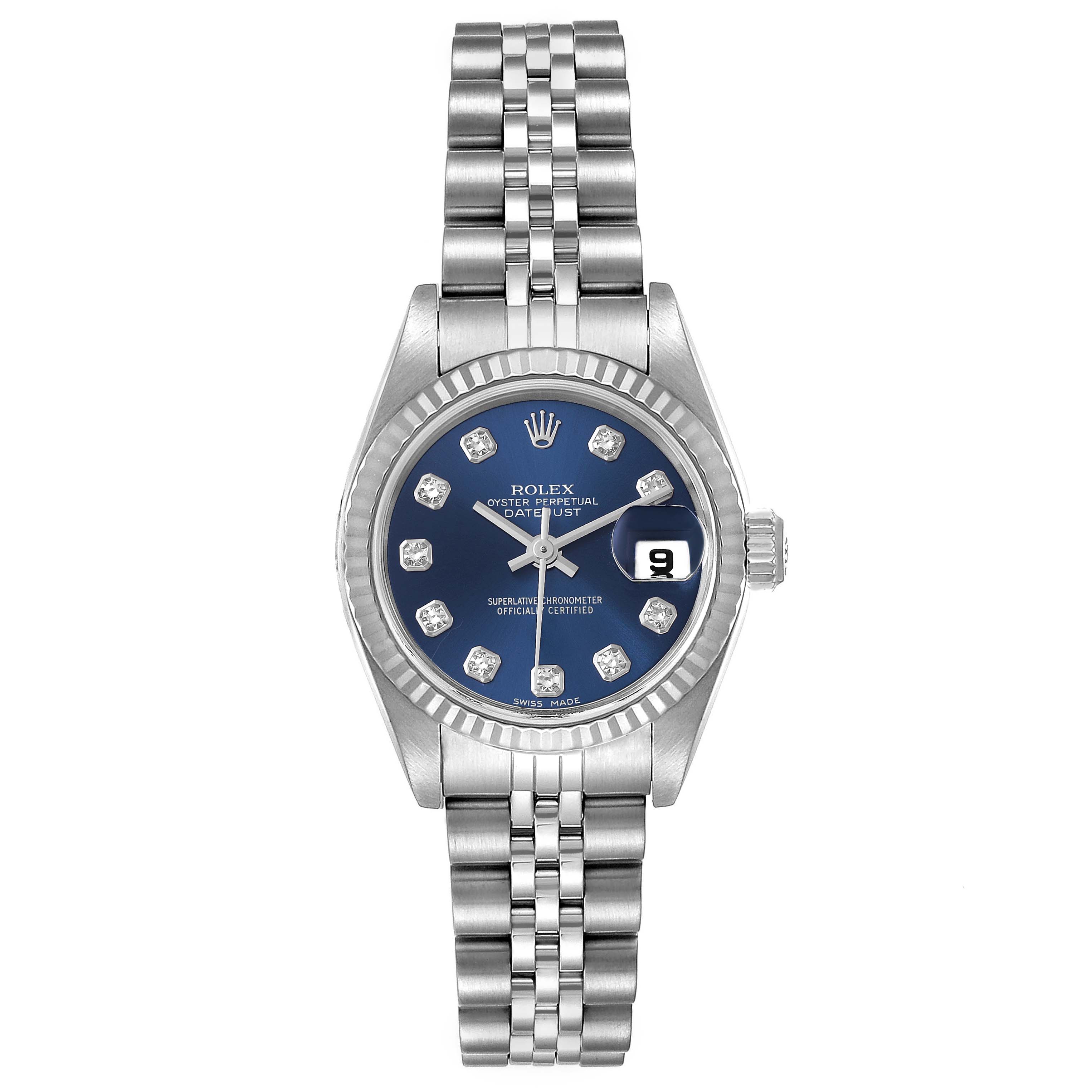 This image shows a Rolex Datejust 79174 Women
s Stainless Steel Blue Dial 79174 Women
s Stainless Steel Blue Dial watch from a straight-on angle, highlighting the dial, bezel, bracelet, and date window.