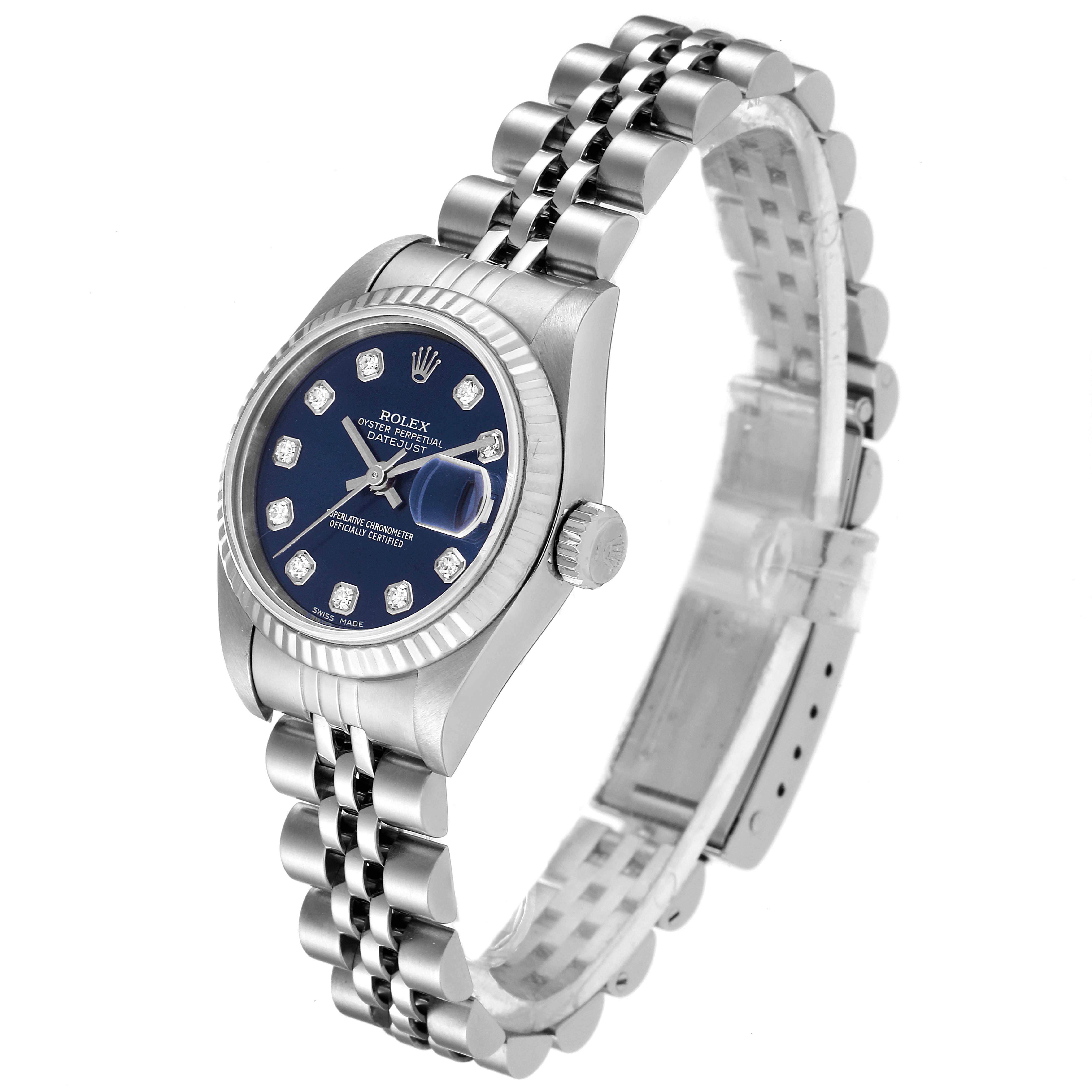 This image shows a Rolex Datejust 79174 Women
s Stainless Steel Blue Dial 79174 Women
s Stainless Steel Blue Dial watch at a three-quarter angle, highlighting the dial, bezel, and bracelet.