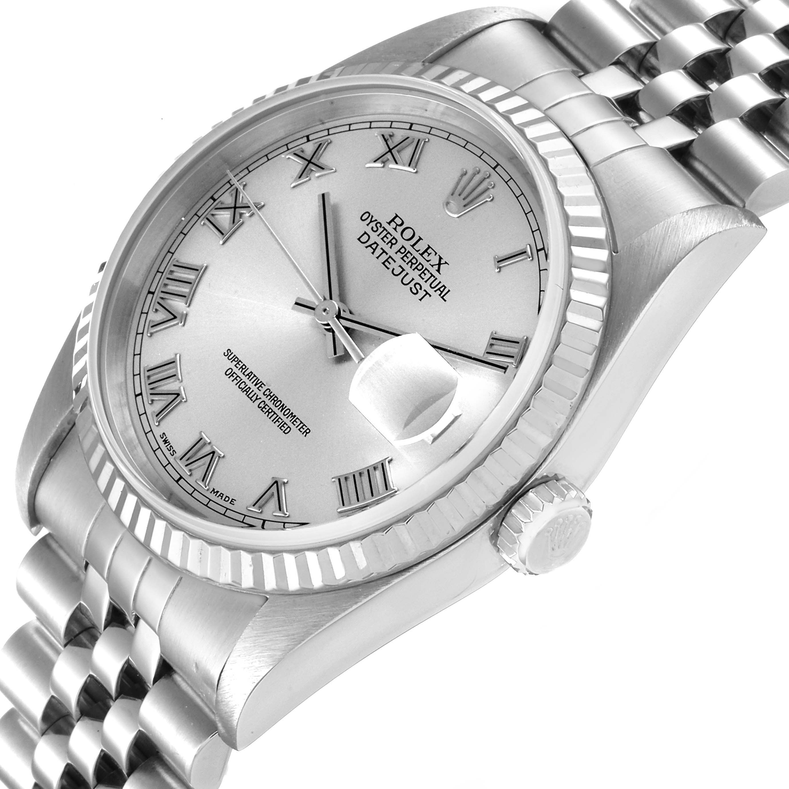The image shows a close-up angled view of the Rolex Datejust 16234 Men's Stainless Steel Silver Dial 16234 Men's Stainless Steel Silver Dial watch, highlighting its dial, bezel, crown, and part of its bracelet.