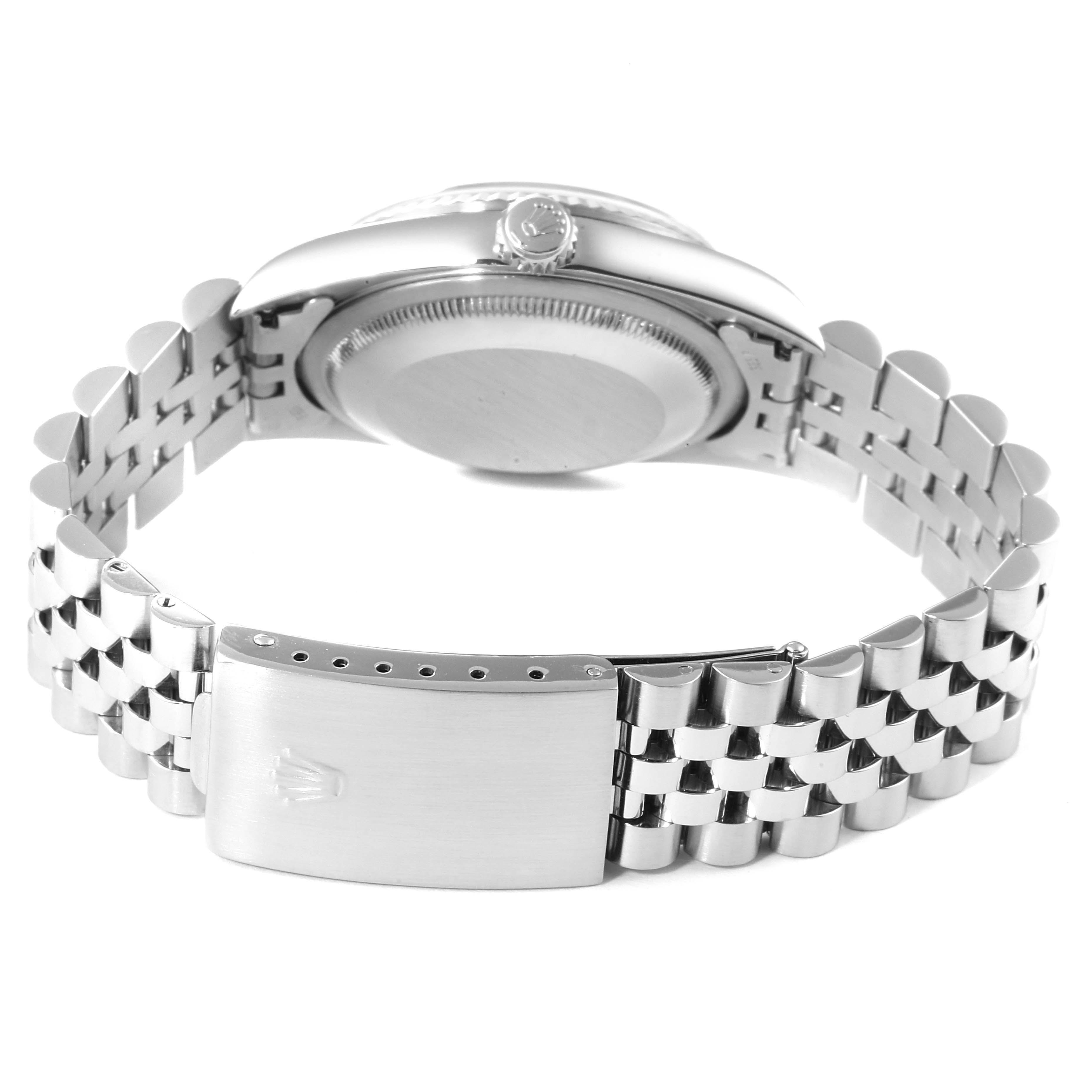 This image shows the rear view of a Rolex Datejust 16234 Men's Stainless Steel Silver Dial 16234 Men's Stainless Steel Silver Dial model, focusing on the case back and the jubilee bracelet.