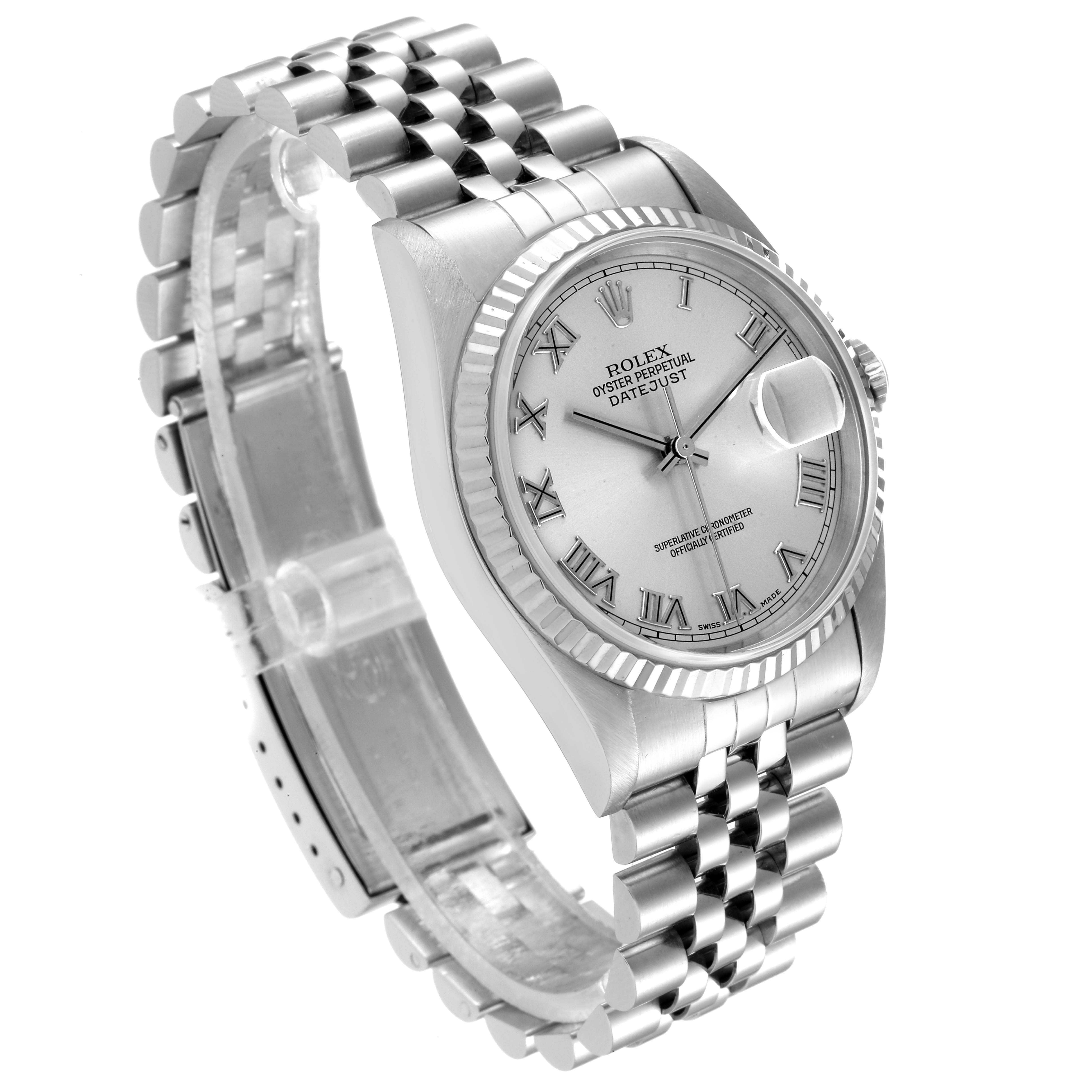 The image shows a Rolex Datejust 16234 Men's Stainless Steel Silver Dial 16234 Men's Stainless Steel Silver Dial watch at a slight angle, highlighting its dial, fluted bezel, and jubilee bracelet.
