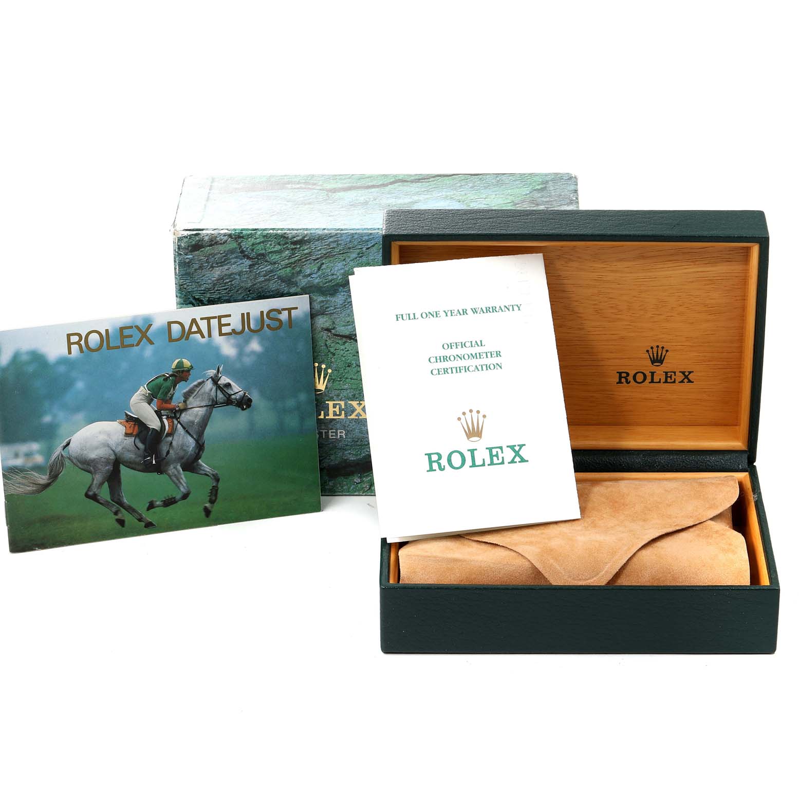 This image shows branding materials, warranty papers, a box, and a case for the Rolex Datejust 16234 Men's Stainless Steel Silver Dial 16234 Men's Stainless Steel Silver Dial model.