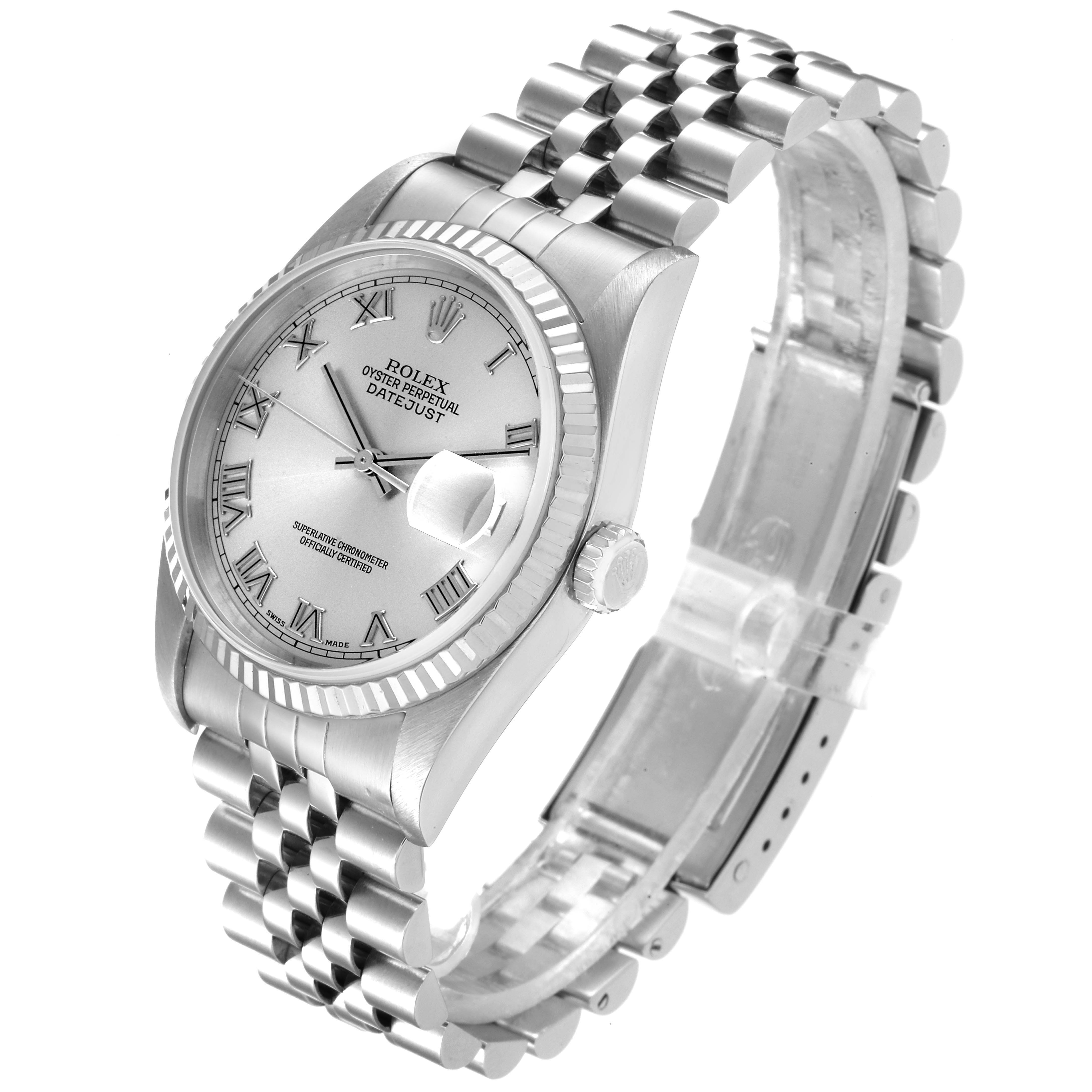 This image shows a Rolex Datejust 16234 Men's Stainless Steel Silver Dial 16234 Men's Stainless Steel Silver Dial watch at a slight side angle, highlighting its face, bezel, and bracelet.