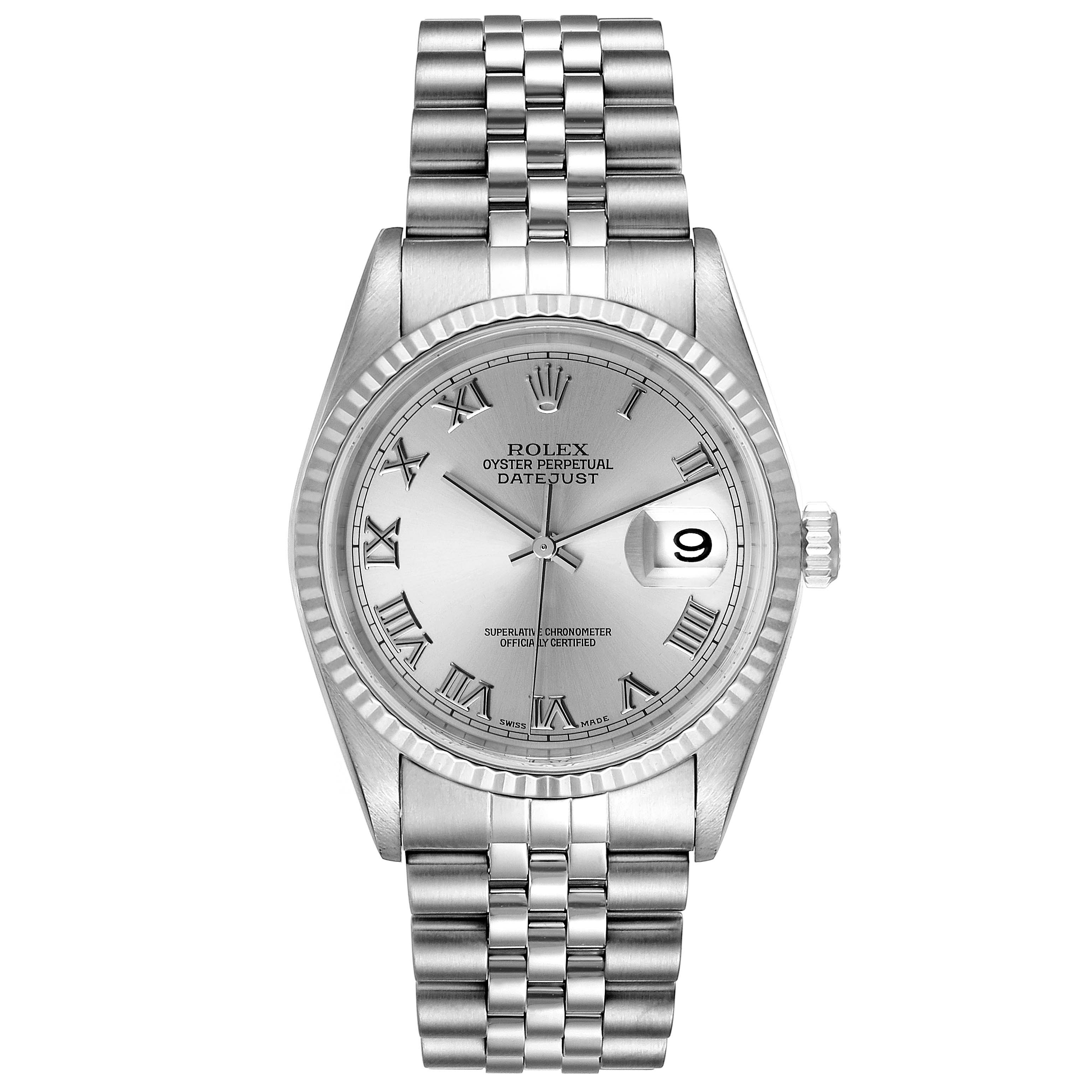 This is a front view of the Rolex Datejust 16234 Men's Stainless Steel Silver Dial 16234 Men's Stainless Steel Silver Dial watch, displaying the dial, bezel, bracelet, and crown.