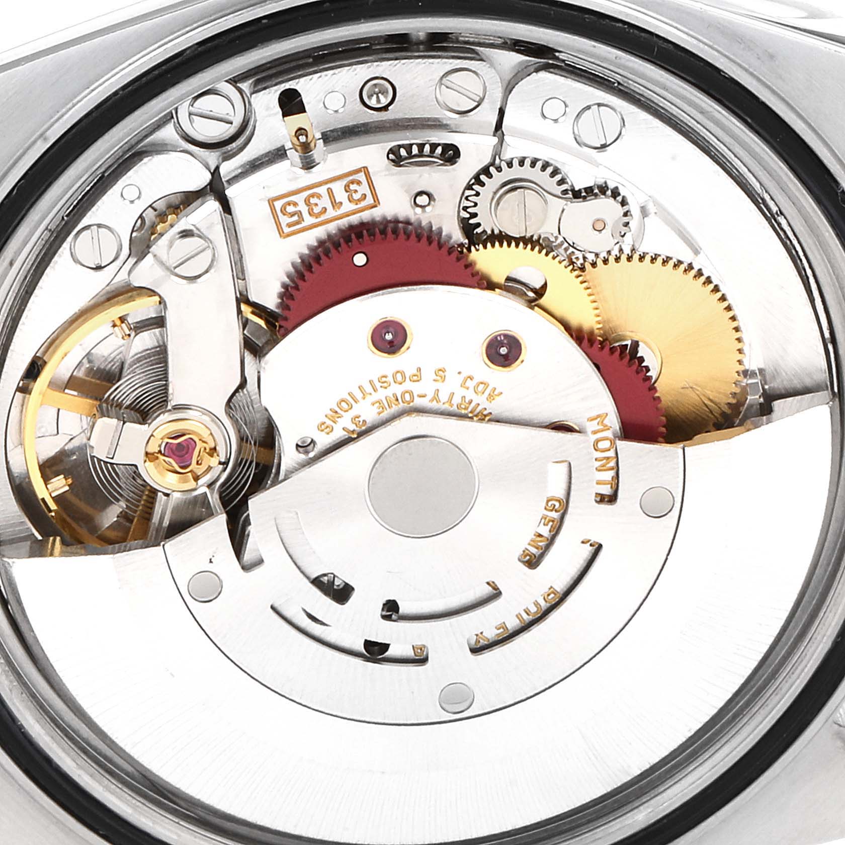 This image shows the internal mechanism of a Rolex Datejust 16234 Men's Stainless Steel Silver Dial 16234 Men's Stainless Steel Silver Dial watch from an overhead angle.