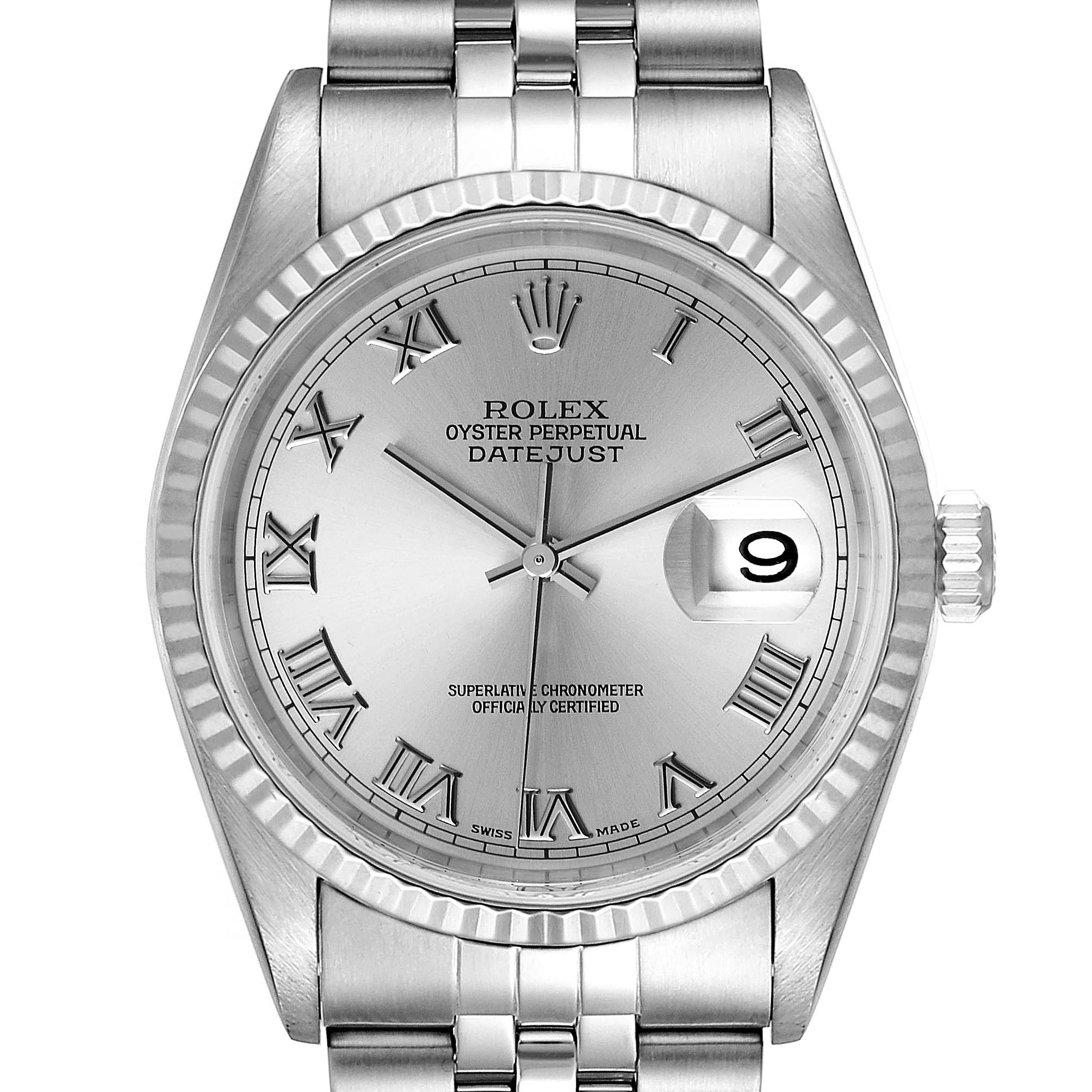The image shows a frontal view of a Rolex Datejust 16234 Men's Stainless Steel Silver Dial 16234 Men's Stainless Steel Silver Dial watch, displaying the dial, bezel, crown, and part of the bracelet.