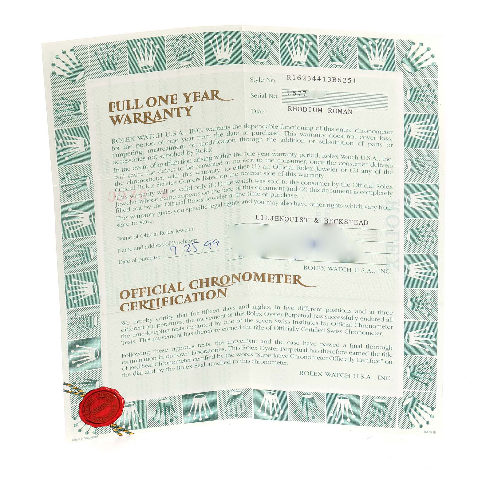 The image shows the full one-year warranty and official chronometer certification for the Rolex Datejust 16234 Men's Stainless Steel Silver Dial 16234 Men's Stainless Steel Silver Dial model.