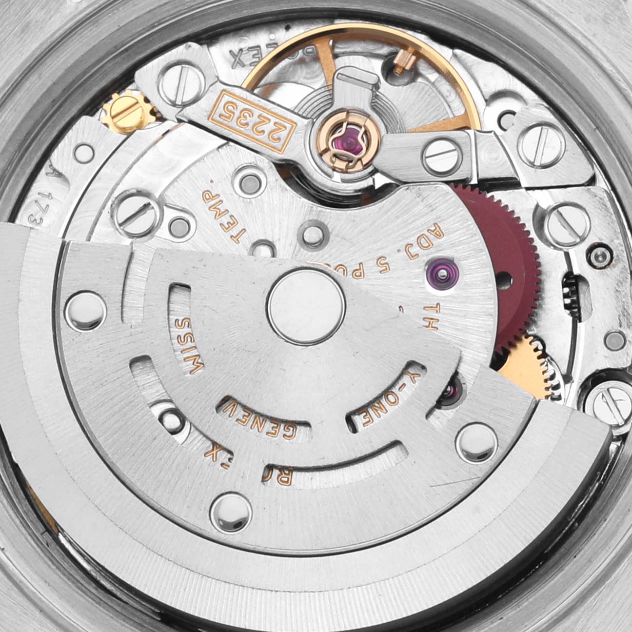 The image shows the internal movement components of a Rolex Datejust 79174 Women's Stainless Steel Mother of Pearl Dial 79174 Women's Stainless Steel Mother of Pearl Dial watch from a top-down angle.