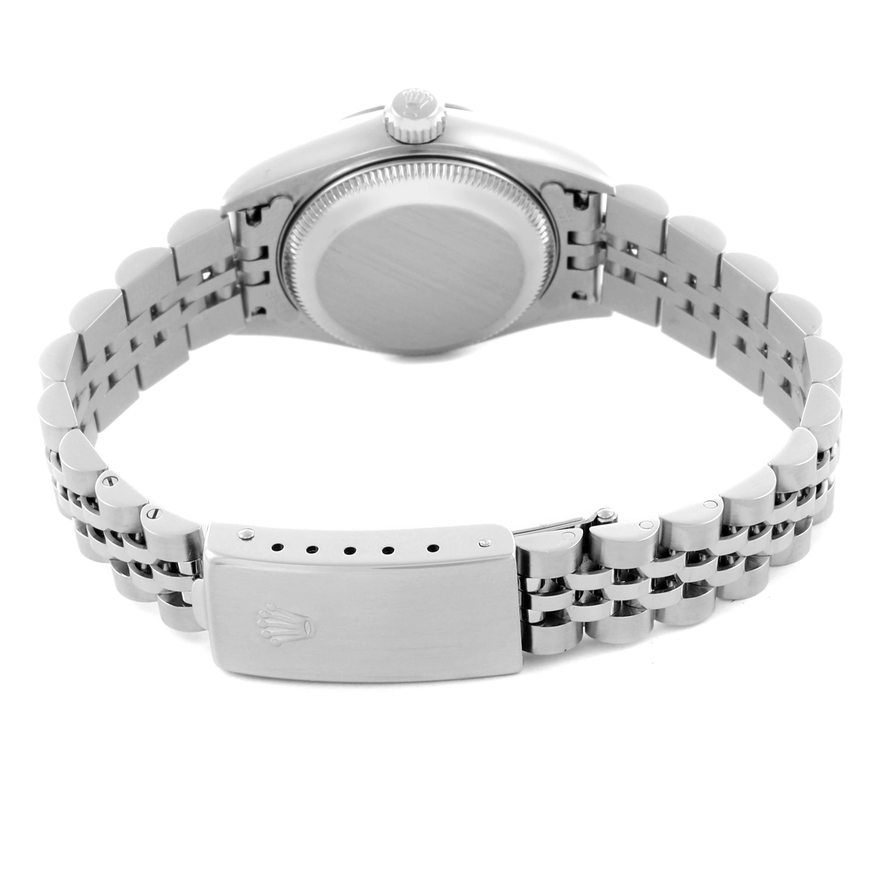 The image shows the back and bracelet of a Rolex Datejust 79174 Women's Stainless Steel Mother of Pearl Dial 79174 Women's Stainless Steel Mother of Pearl Dial watch, highlighting the clasp and case back.