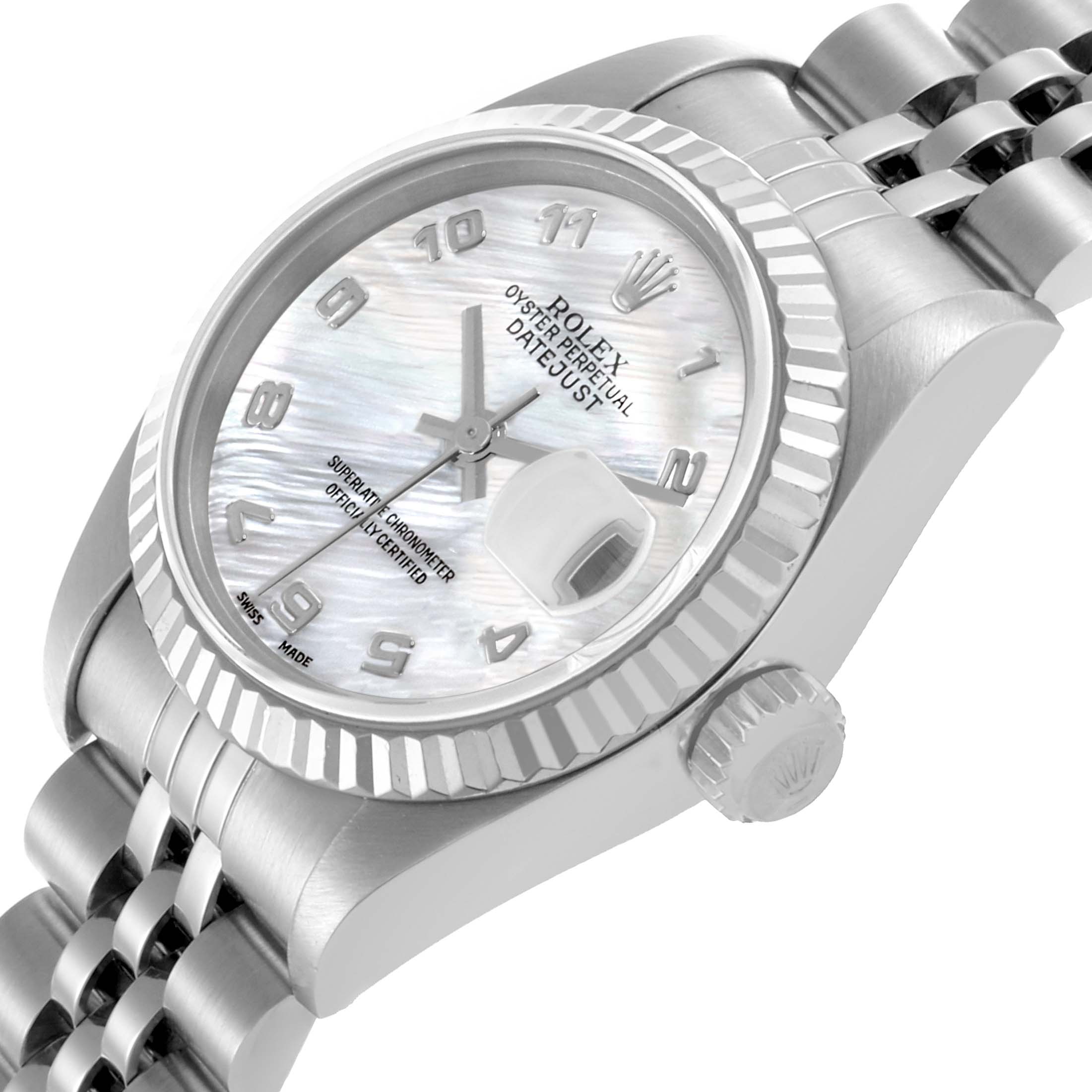 The Rolex Datejust 79174 Women's Stainless Steel Mother of Pearl Dial 79174 Women's Stainless Steel Mother of Pearl Dial watch is shown at an angle highlighting the dial, bezel, crown, and part of the bracelet.