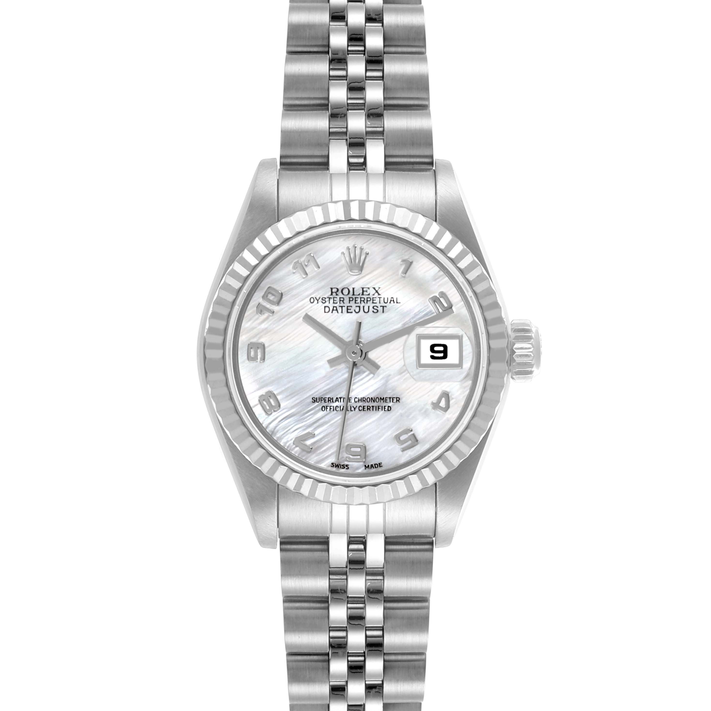 The Rolex Datejust 79174 Women's Stainless Steel Mother of Pearl Dial 79174 Women's Stainless Steel Mother of Pearl Dial watch is shown from the front, displaying its dial, fluted bezel, and Jubilee bracelet.