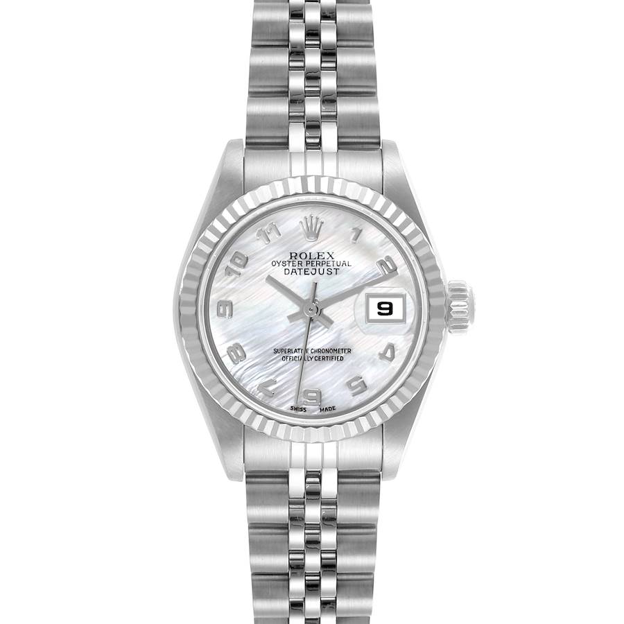 The Rolex Datejust watch is shown from the front, displaying its dial, fluted bezel, and Jubilee bracelet.