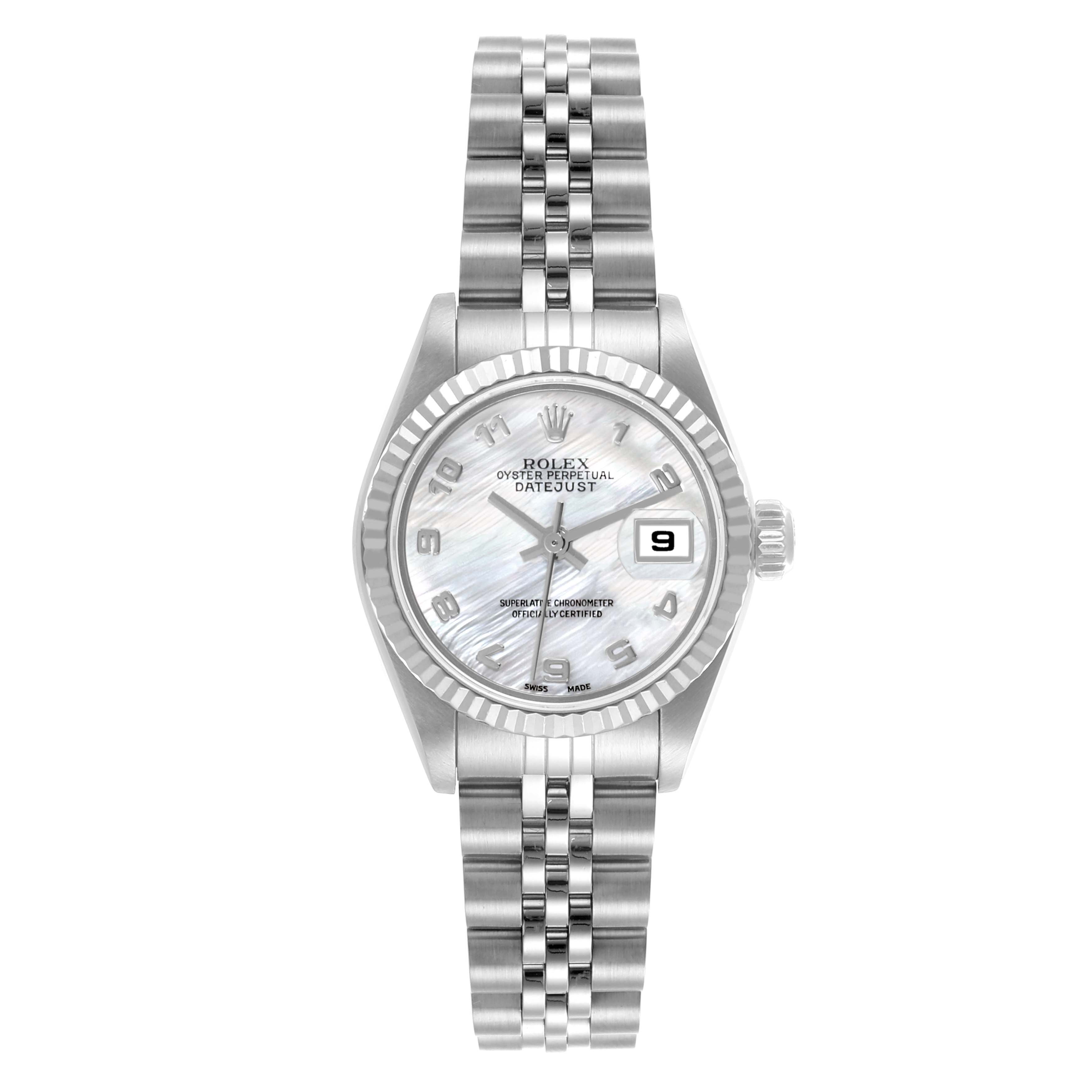 The Rolex Datejust 79174 Women's Stainless Steel Mother of Pearl Dial 79174 Women's Stainless Steel Mother of Pearl Dial watch is shown from a top-down angle, displaying the full face, bezel, and bracelet.