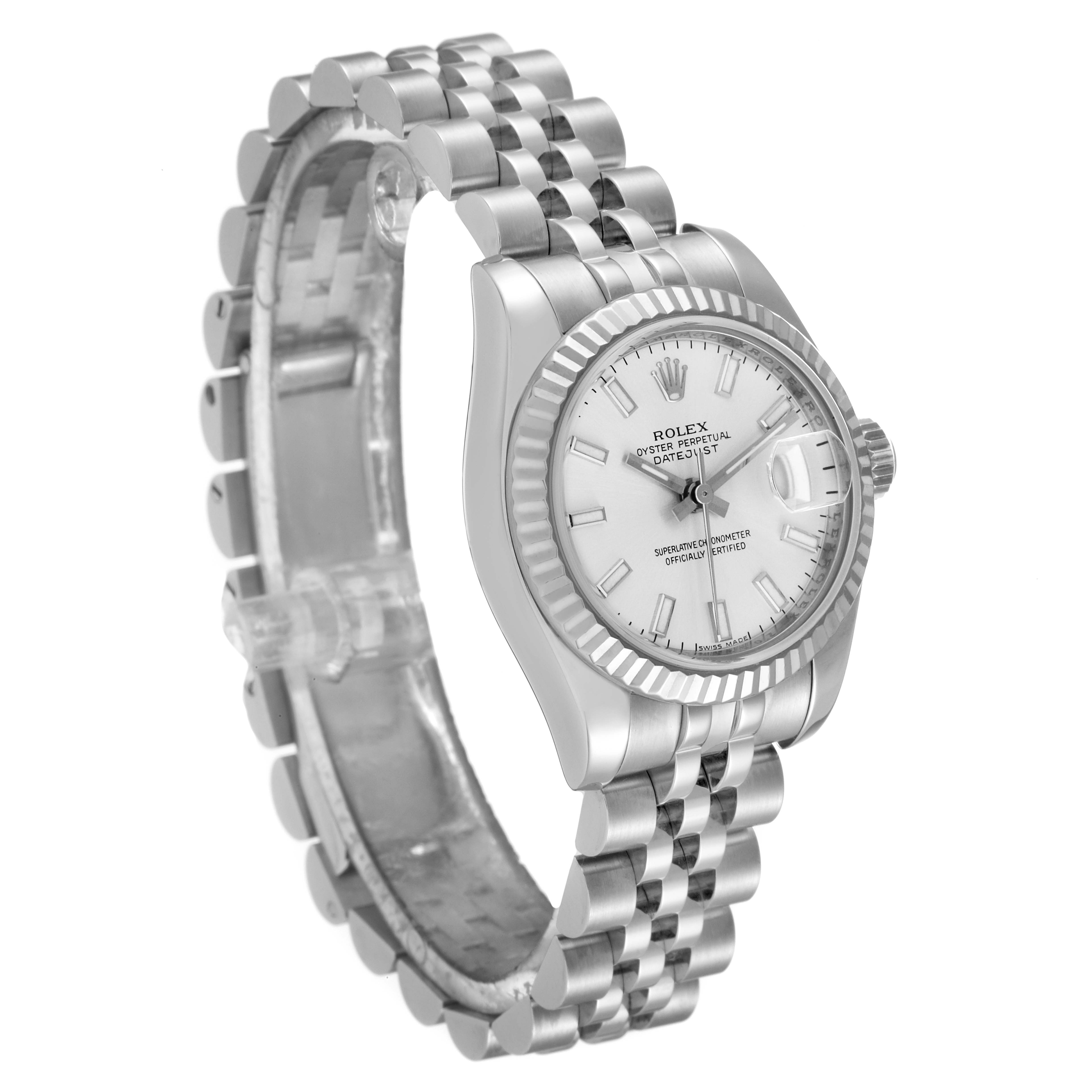This image shows the Rolex Datejust 179174 Women's Stainless Steel Silver Dial 179174 Women's Stainless Steel Silver Dial watch from an angled side view, highlighting its bezel, face, and bracelet.