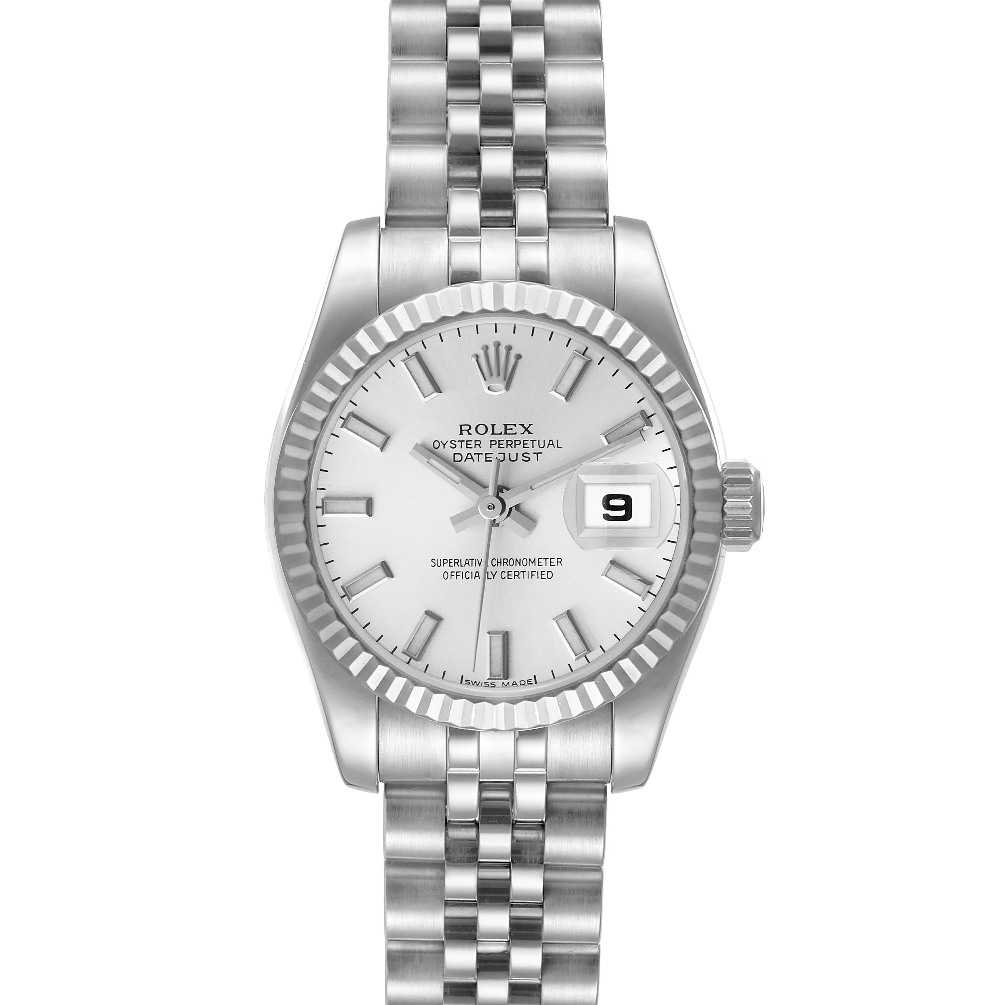 The image shows a front view of the Rolex Datejust 179174 Women's Stainless Steel Silver Dial 179174 Women's Stainless Steel Silver Dial watch, highlighting the dial, bezel, bracelet, and date window.