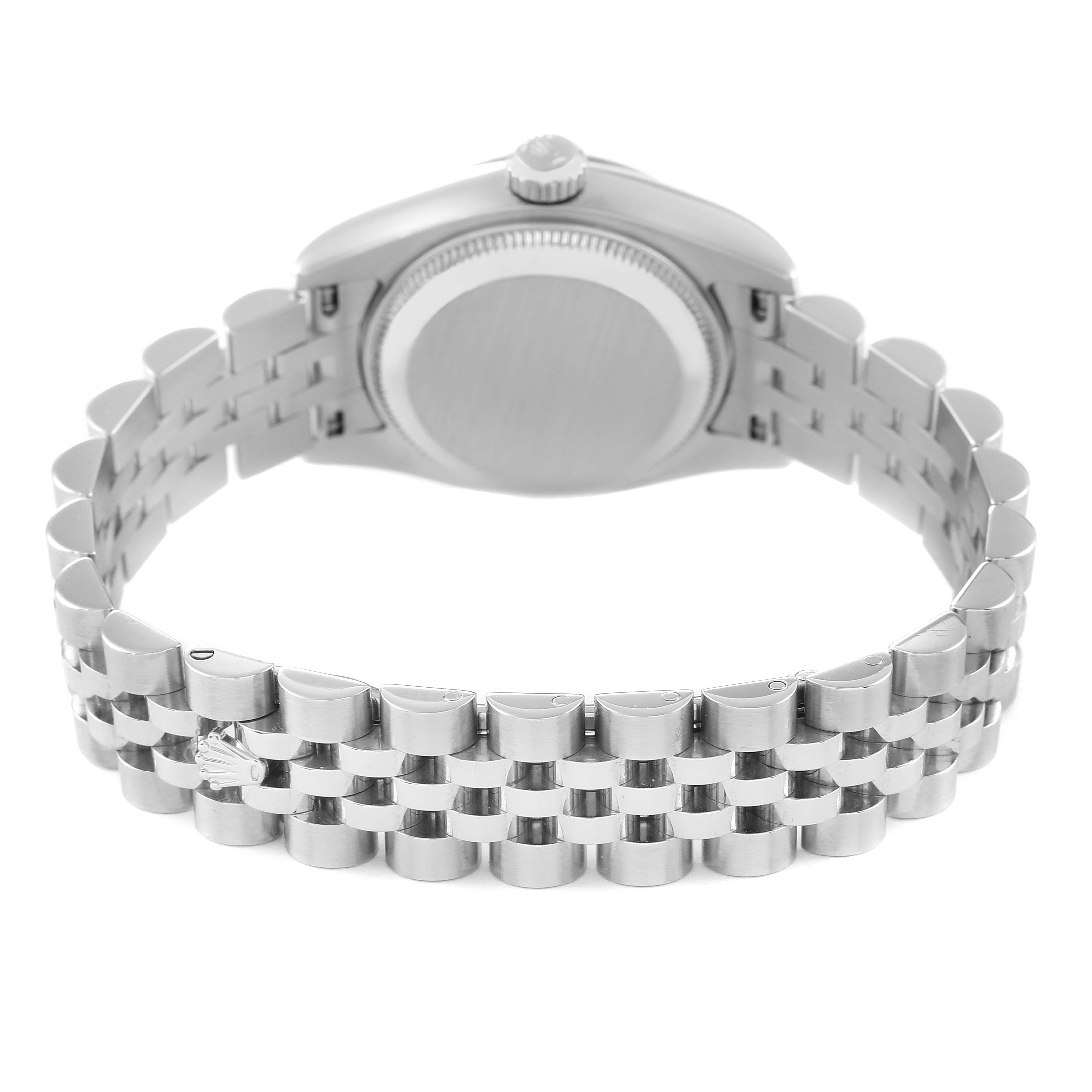 This image shows the back of the Rolex Datejust 179174 Women's Stainless Steel Silver Dial 179174 Women's Stainless Steel Silver Dial watch, focusing on the case and Jubilee bracelet.
