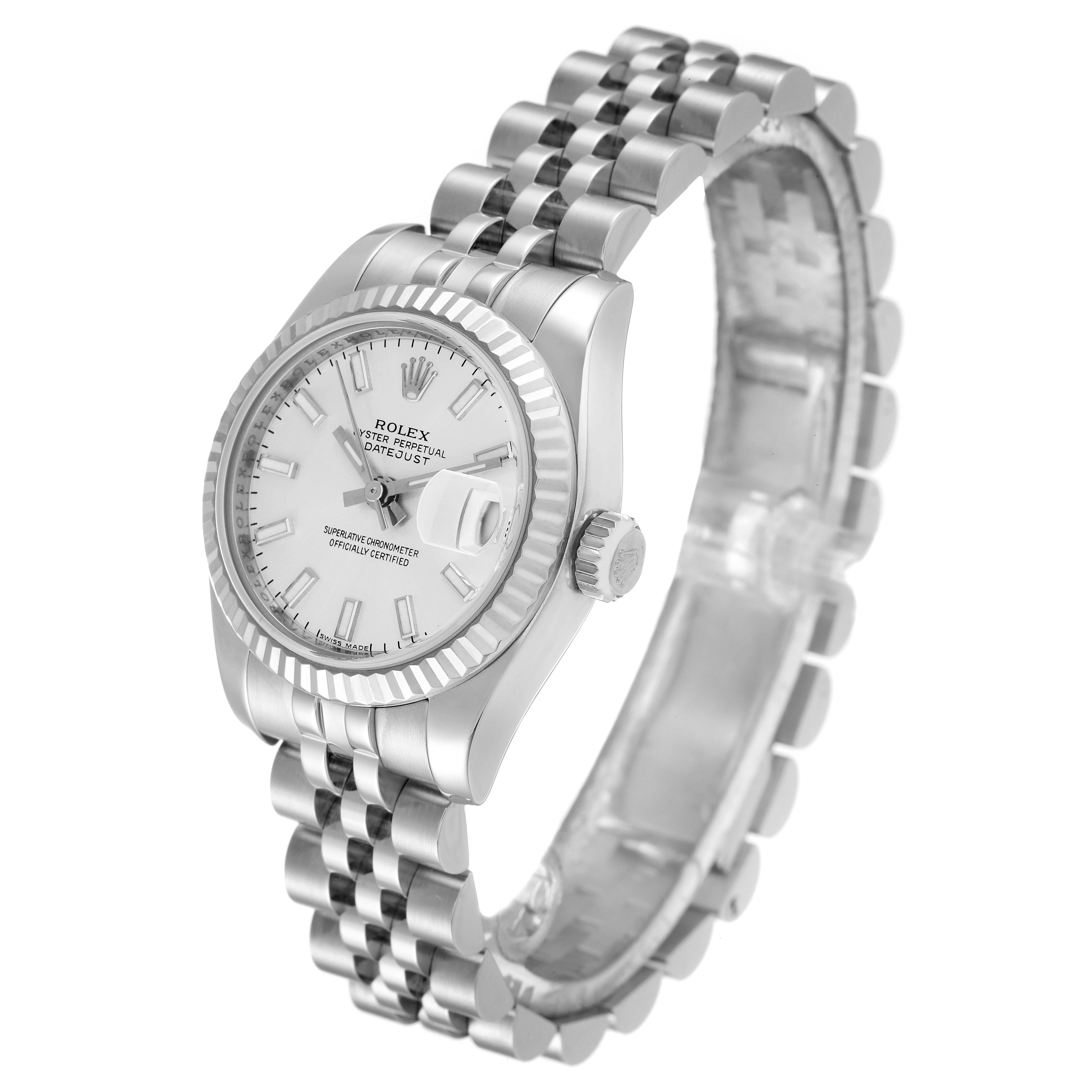 This image shows a Rolex Datejust 179174 Women's Stainless Steel Silver Dial 179174 Women's Stainless Steel Silver Dial watch at a three-quarter angle highlighting the face, crown, and bracelet.