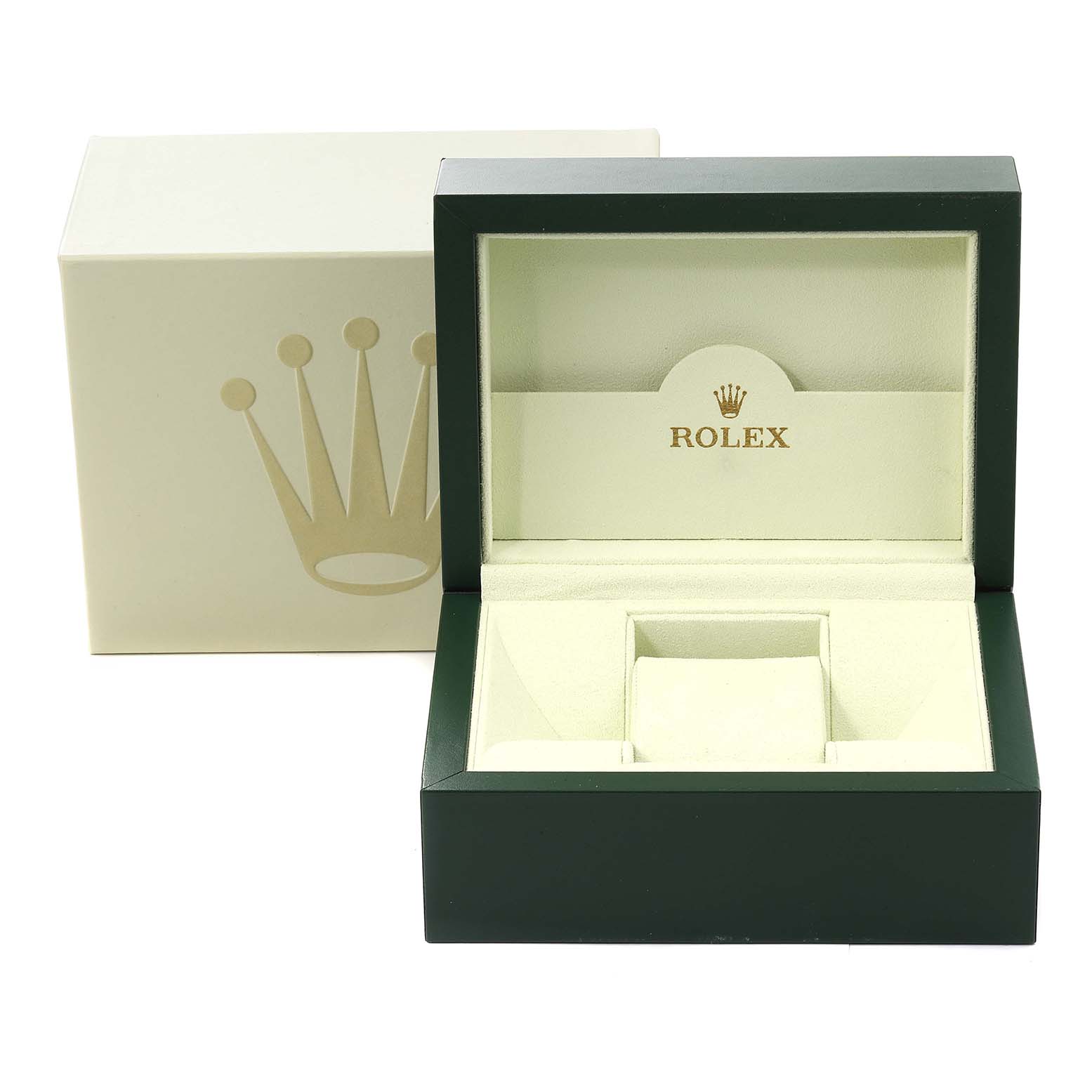 The image shows a green Rolex Datejust 179174 Women's Stainless Steel Silver Dial 179174 Women's Stainless Steel Silver Dial watch box and its beige outer box with the Rolex crown logo.