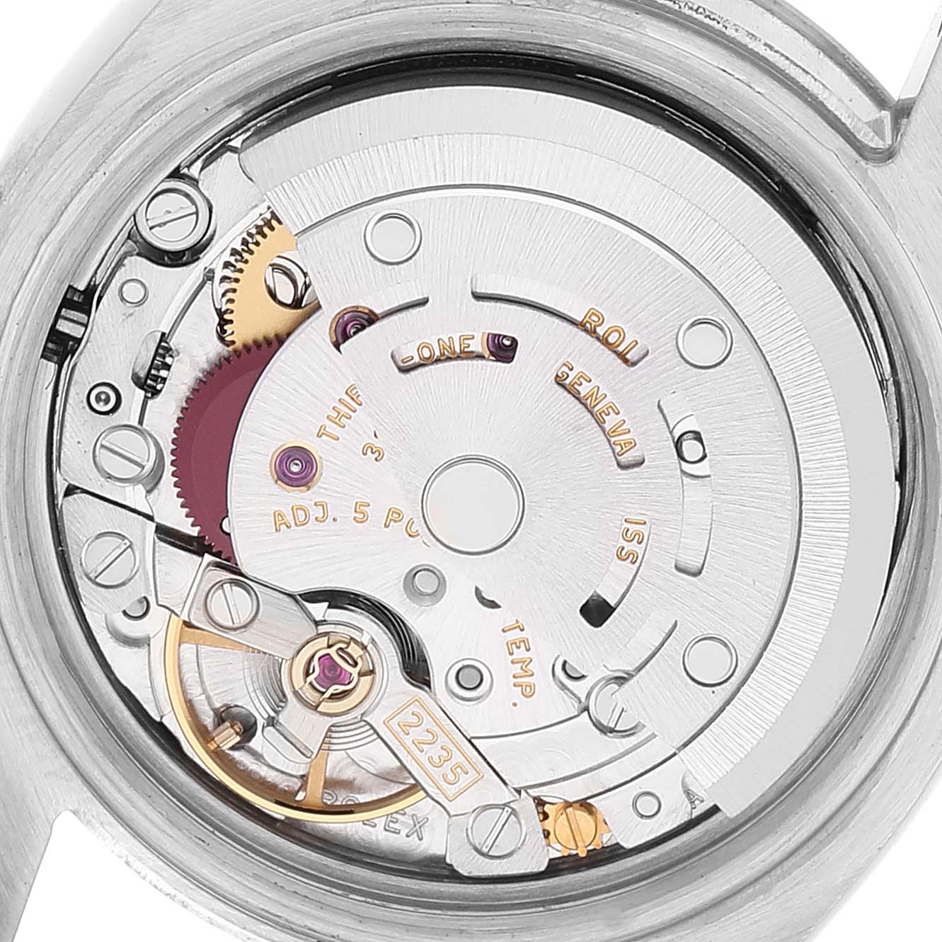 This image shows a close-up view of the Rolex Datejust 179174 Women's Stainless Steel Silver Dial 179174 Women's Stainless Steel Silver Dial's movement mechanism, highlighting its intricate internal parts.