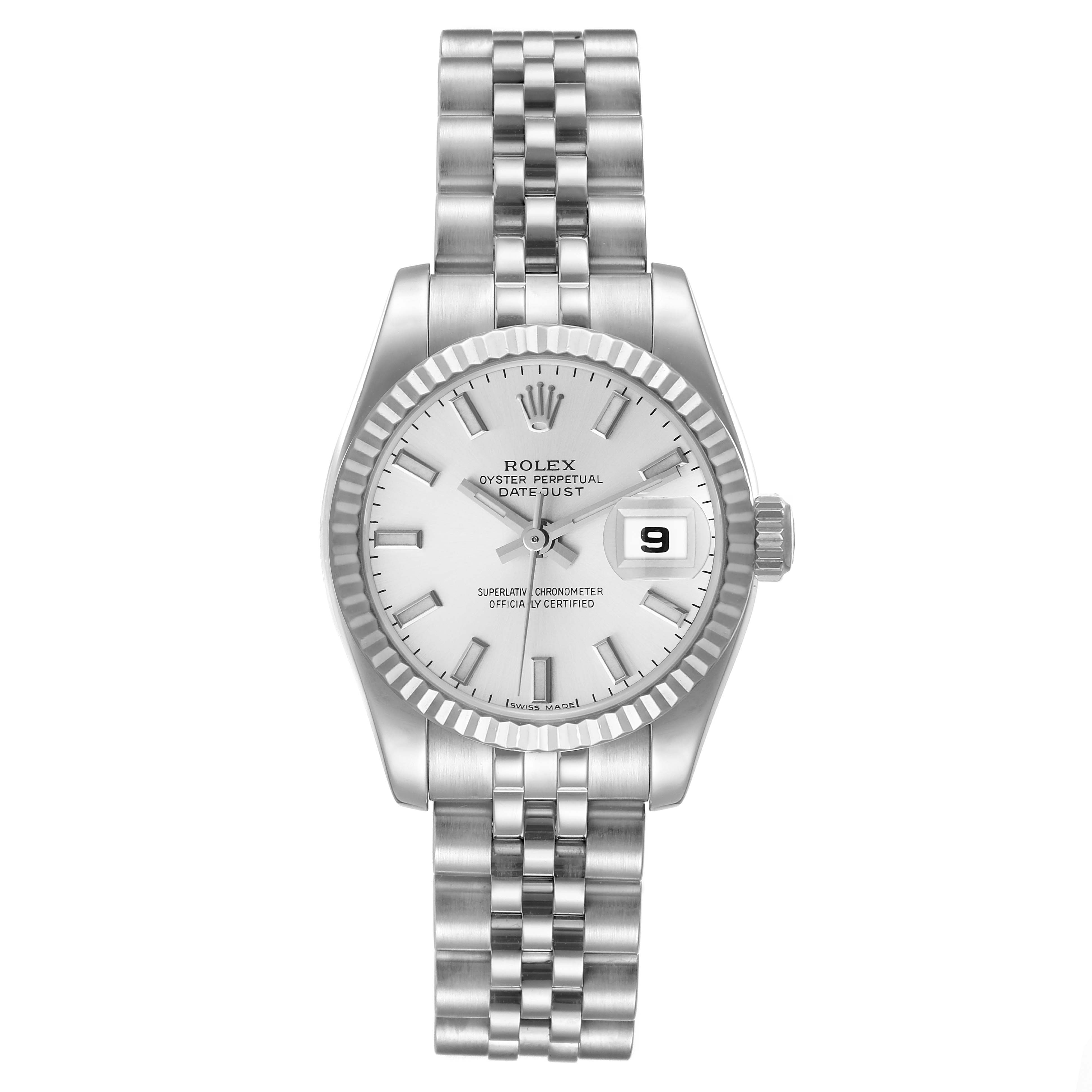 The image shows a front view of a Rolex Datejust 179174 Women's Stainless Steel Silver Dial 179174 Women's Stainless Steel Silver Dial watch, displaying its face, fluted bezel, and Jubilee bracelet.