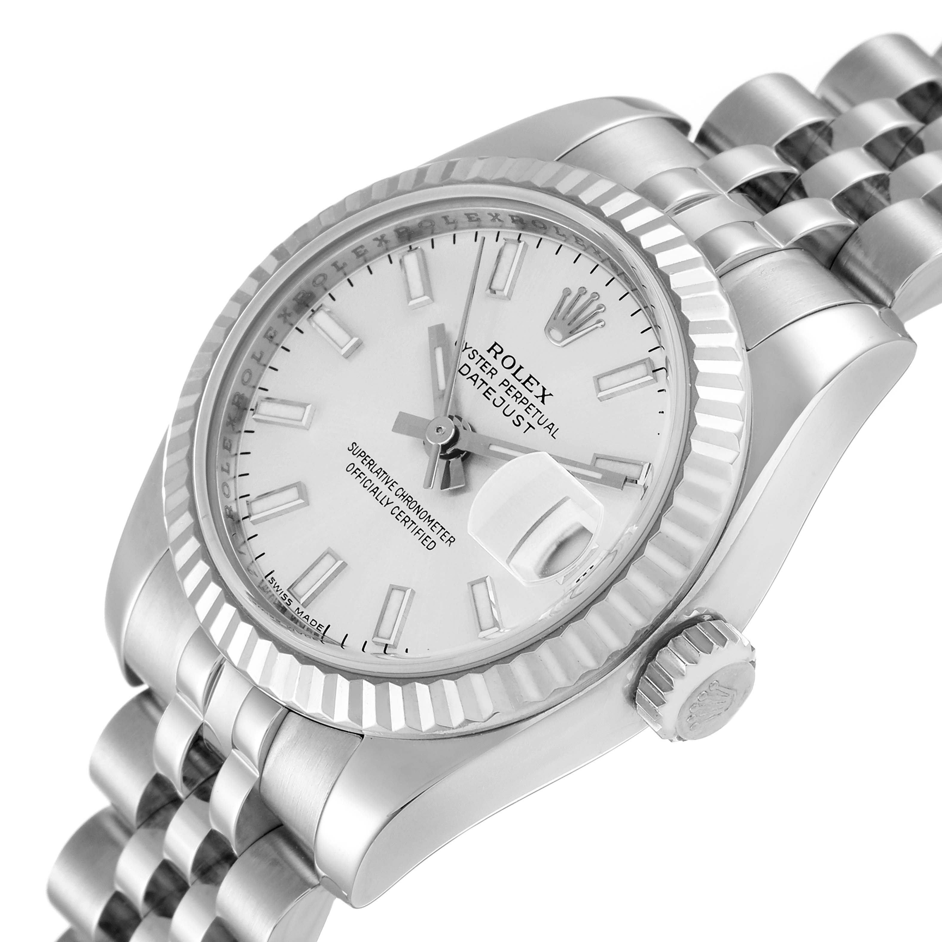 The image shows a close-up angled view of the dial, crown, bezel, and a portion of the bracelet of a Rolex Datejust 179174 Women's Stainless Steel Silver Dial 179174 Women's Stainless Steel Silver Dial watch.