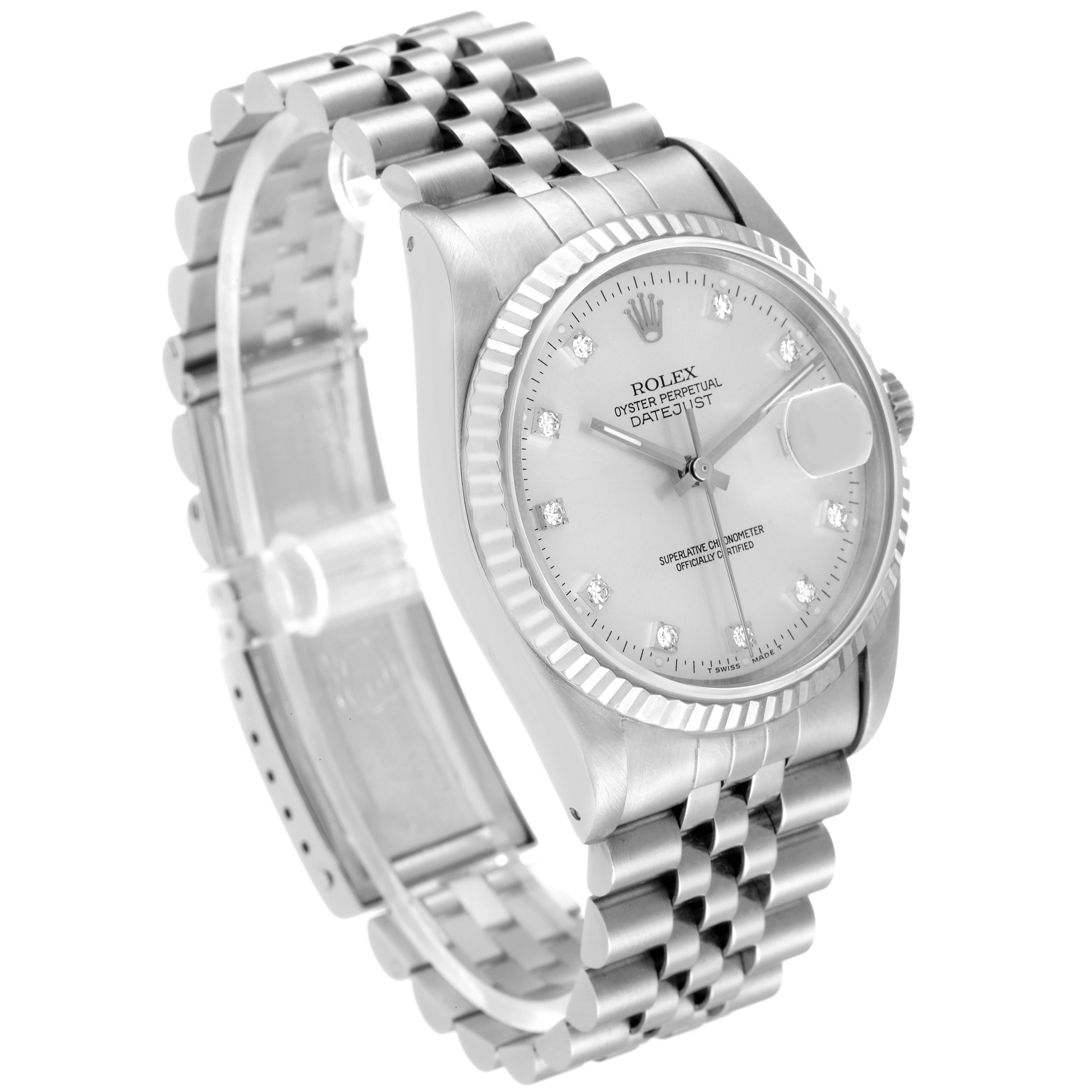 The image shows a Rolex Datejust 16234 Men's Stainless Steel Silver Dial 16234 Men's Stainless Steel Silver Dial watch at a three-quarter angle, highlighting its dial, fluted bezel, and Jubilee bracelet.