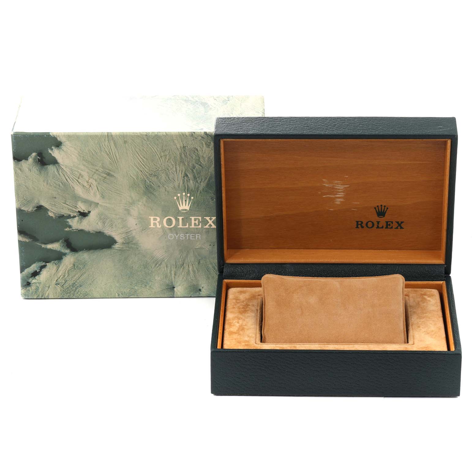 The image shows a Rolex Datejust 16234 Men's Stainless Steel Silver Dial 16234 Men's Stainless Steel Silver Dial watch's presentation box and its outer green box.