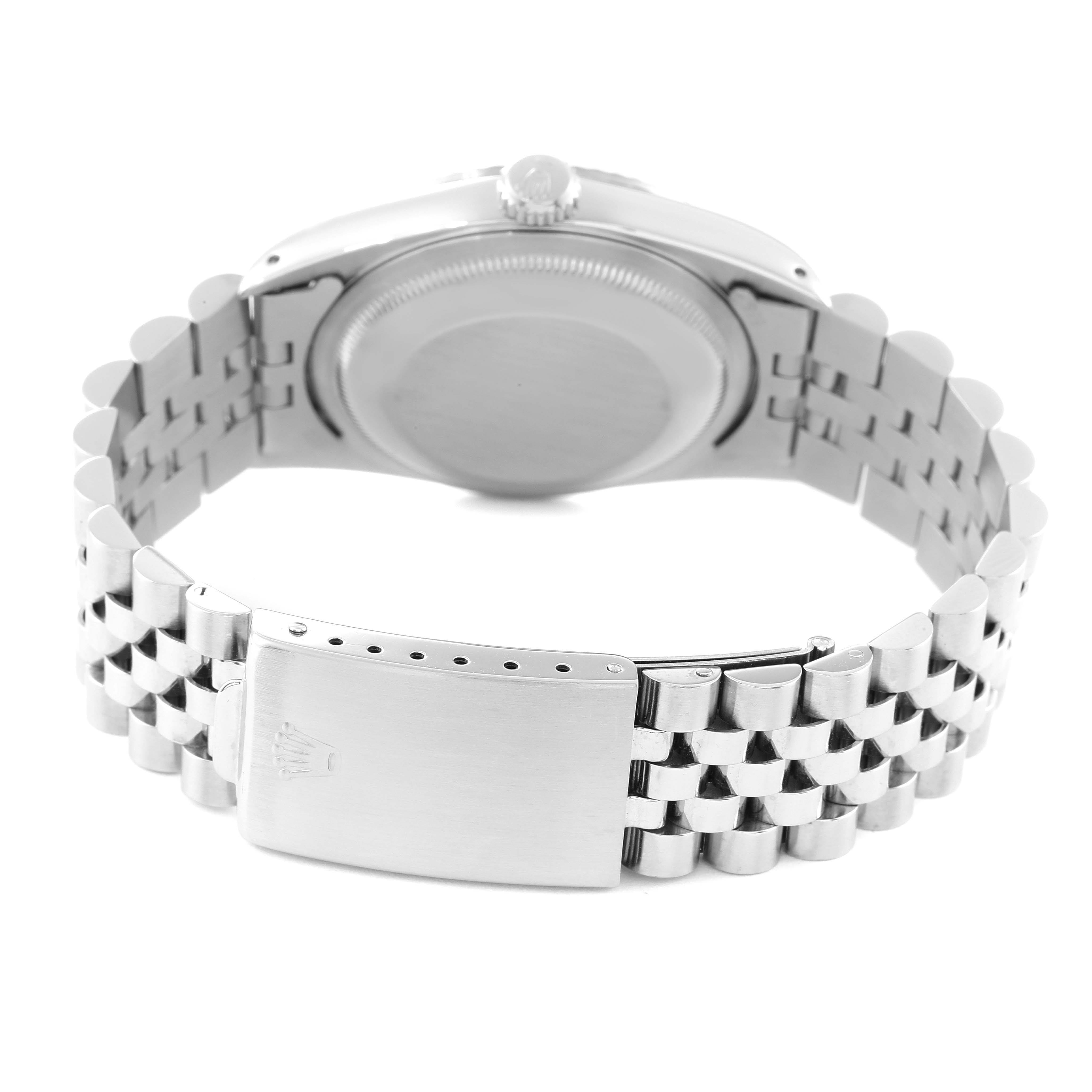 The image shows the back view of the Rolex Datejust 16234 Men's Stainless Steel Silver Dial 16234 Men's Stainless Steel Silver Dial watch, focusing on the case back, crown, and bracelet clasp.