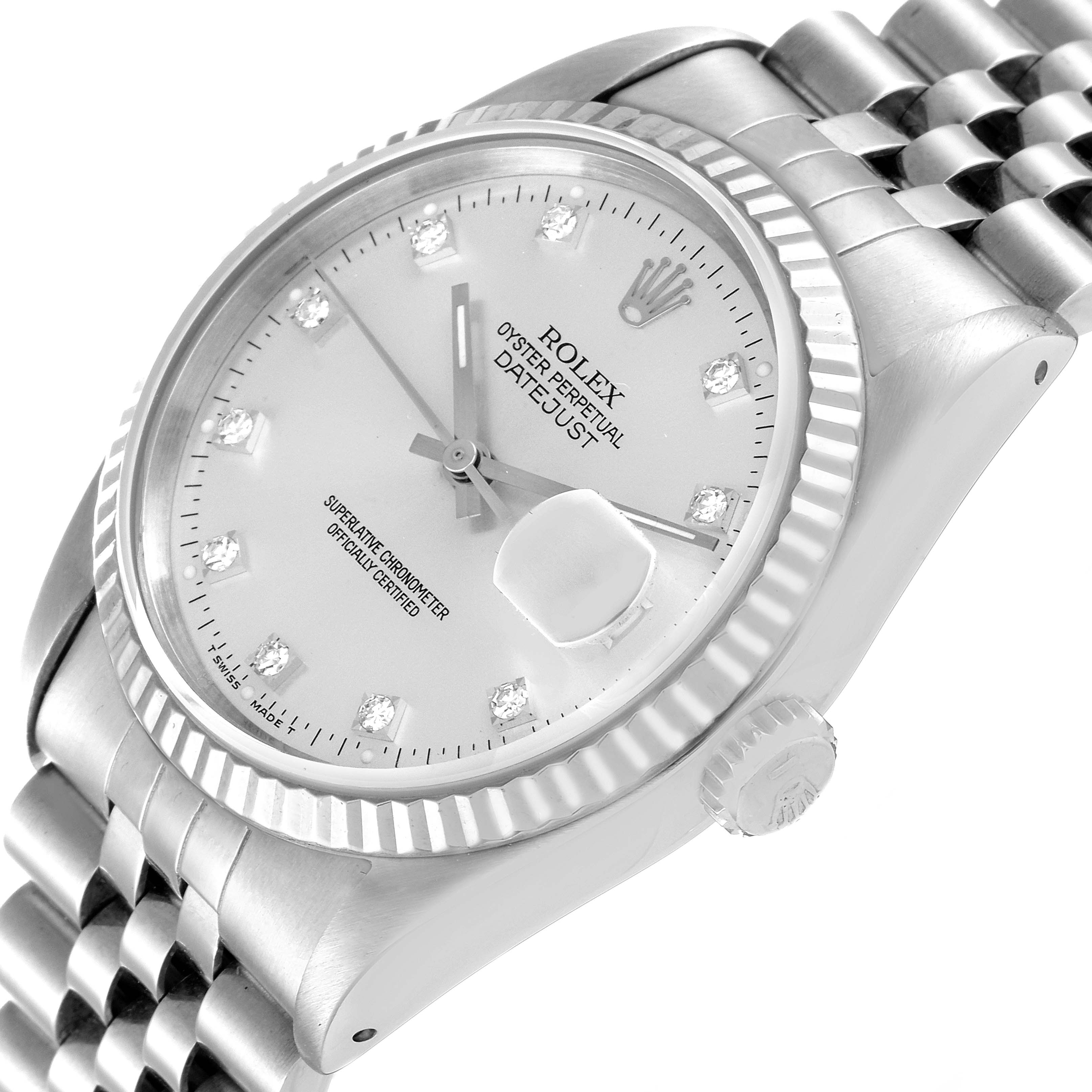 This image shows a close-up angled view of a Rolex Datejust 16234 Men's Stainless Steel Silver Dial 16234 Men's Stainless Steel Silver Dial watch, highlighting the dial, bezel, crown, and part of the bracelet.