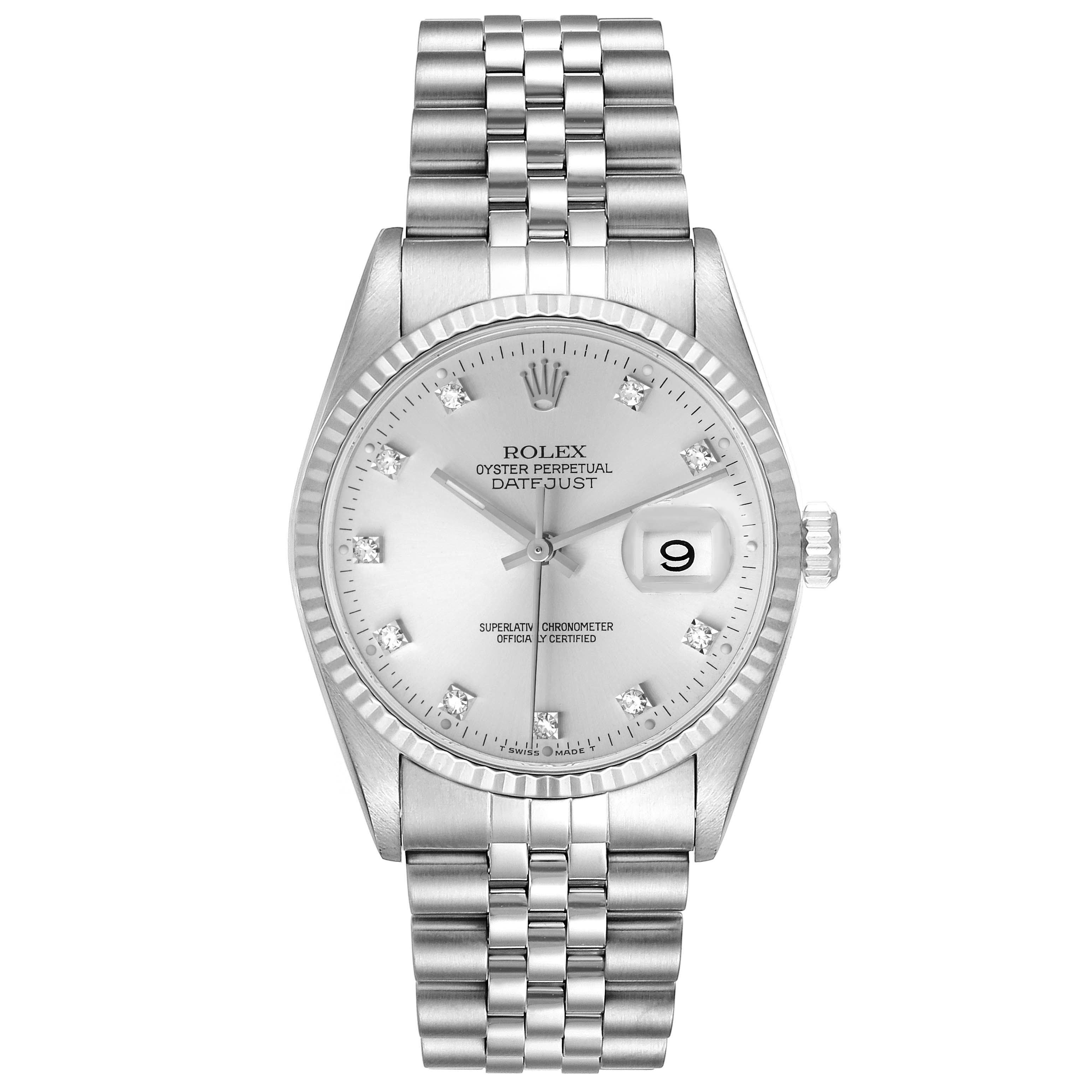This top-down image shows the Rolex Datejust 16234 Men's Stainless Steel Silver Dial 16234 Men's Stainless Steel Silver Dial watch, including the dial, bezel, case, and bracelet.