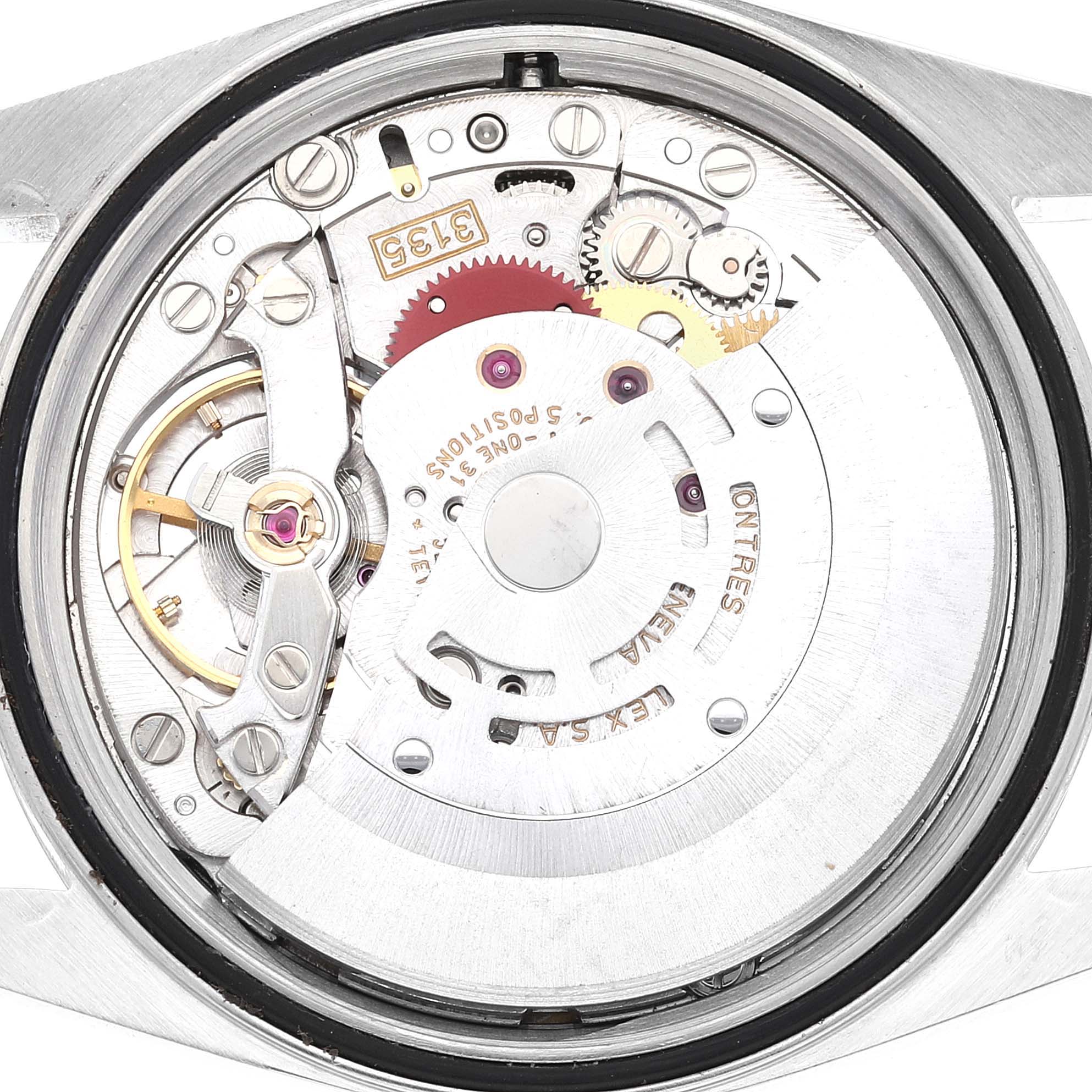 This image shows the internal movement mechanism of the Rolex Datejust 16234 Men's Stainless Steel Silver Dial 16234 Men's Stainless Steel Silver Dial watch from a top-down angle.