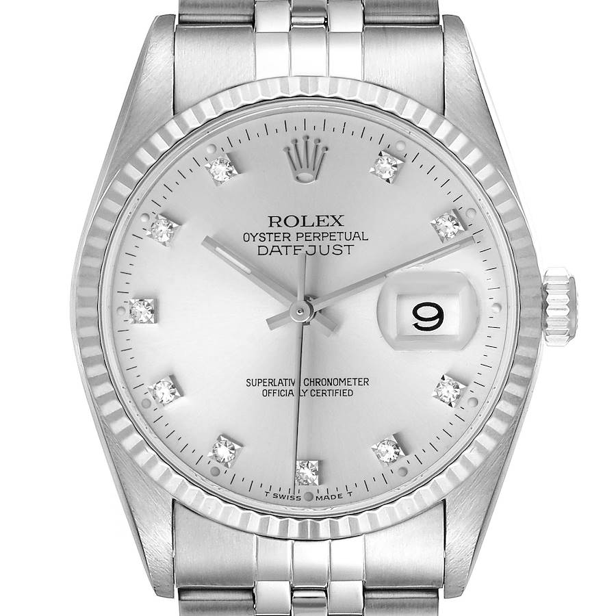 The image shows a front view of a Rolex Datejust watch, displaying the dial, hour markers, date window, crown, and part of the bracelet.