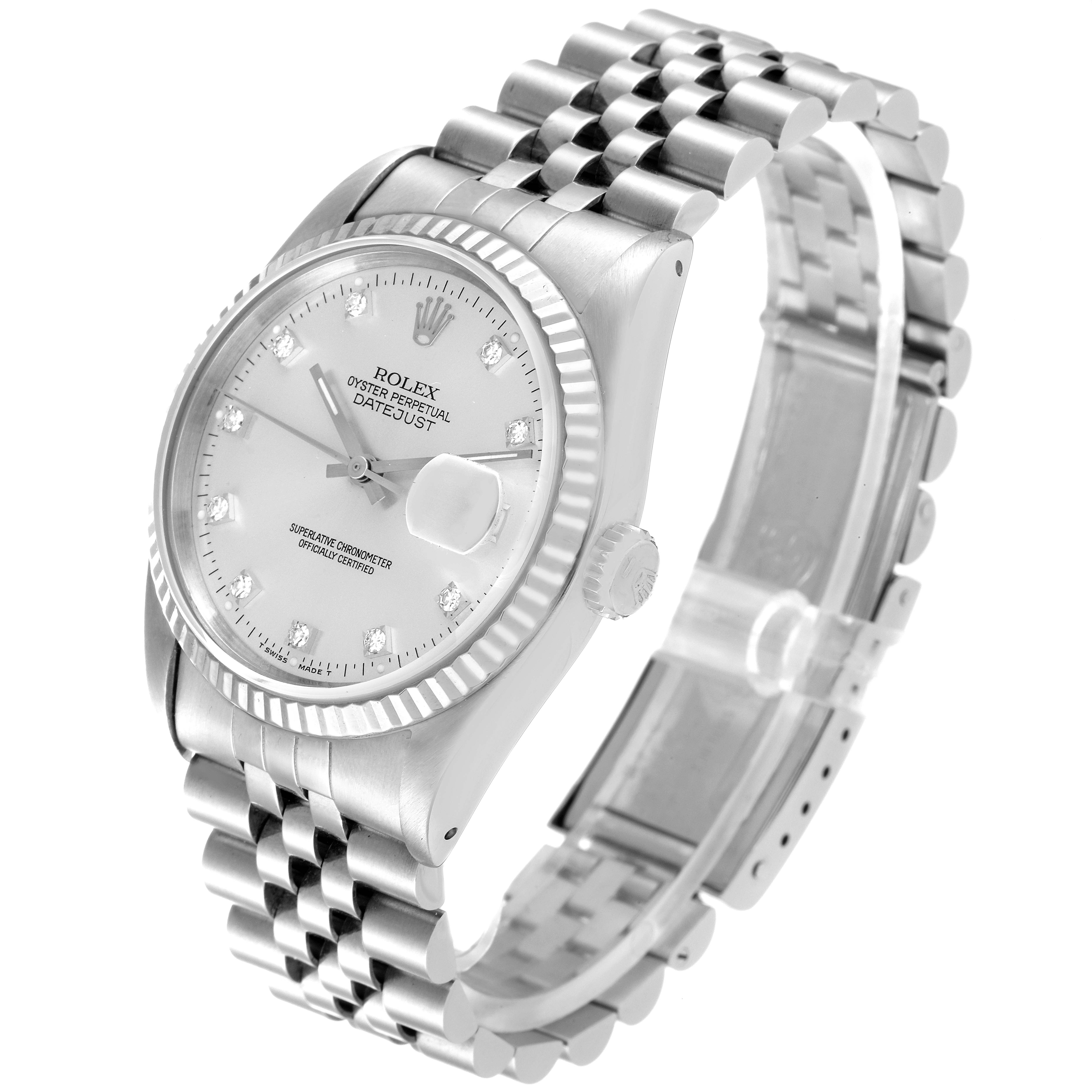 This image shows a side angle of a Rolex Datejust 16234 Men's Stainless Steel Silver Dial 16234 Men's Stainless Steel Silver Dial watch, highlighting the face, crown, bezel, and bracelet.