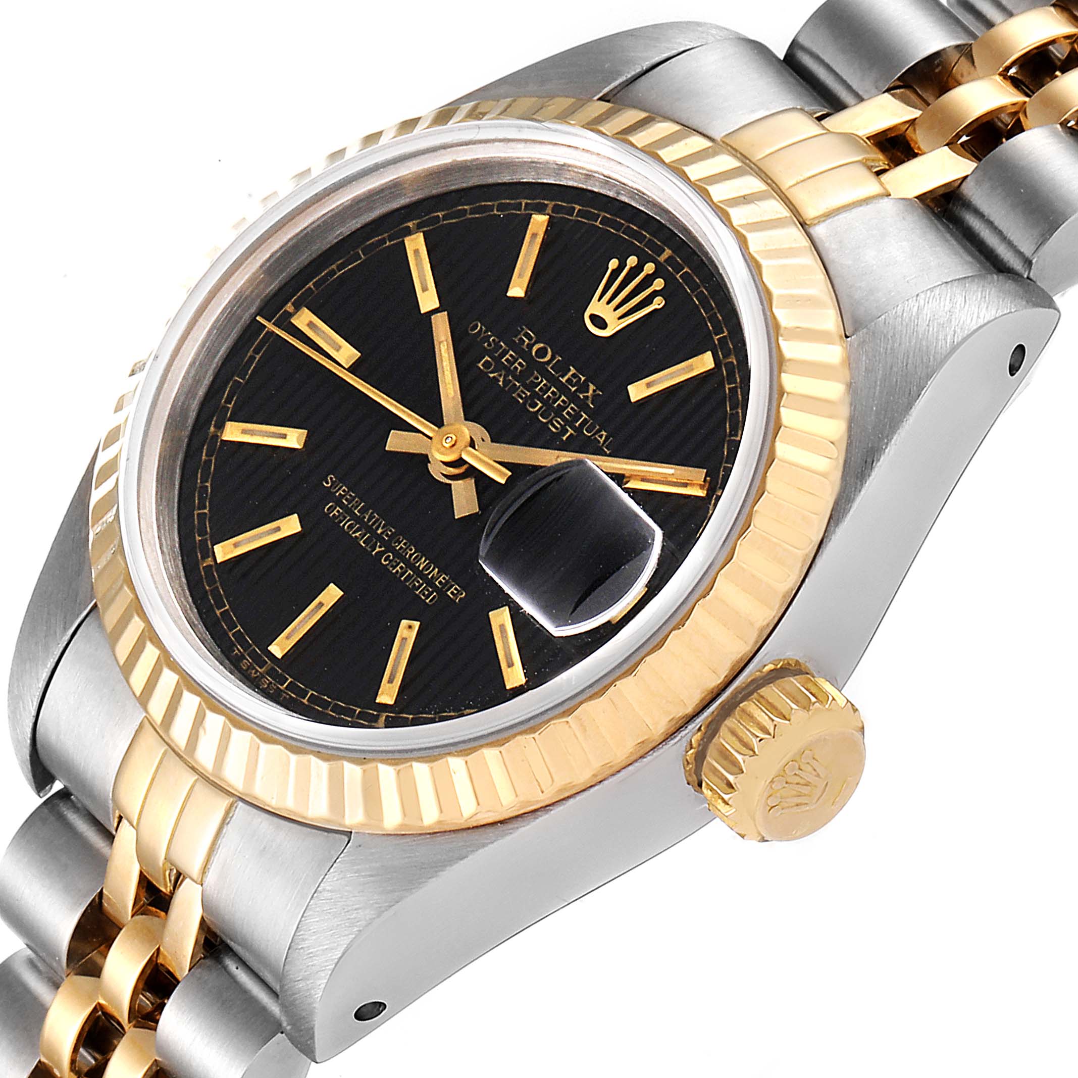 The image shows a close-up, side angle of a Rolex Datejust 69173 Women's Steel and Gold (two tone) Black Dial 69173 Women's Steel and Gold (two tone) Black Dial watch, displaying the face, crown, bezel, and bracelet.