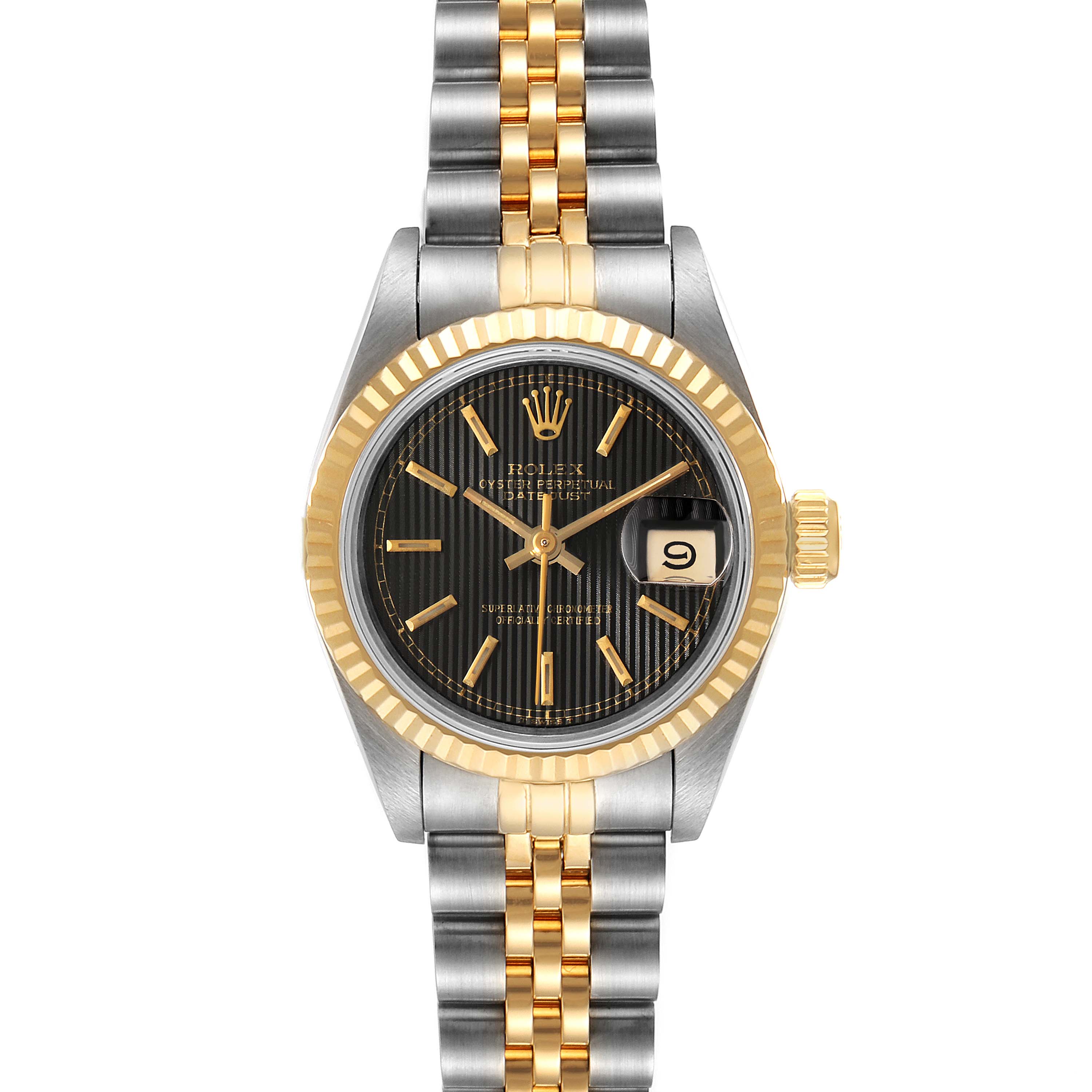 The image shows a front view of a Rolex Datejust 69173 Women's Steel and Gold (two tone) Black Dial 69173 Women's Steel and Gold (two tone) Black Dial watch, featuring a two-tone bracelet, black dial, and gold fluted bezel.