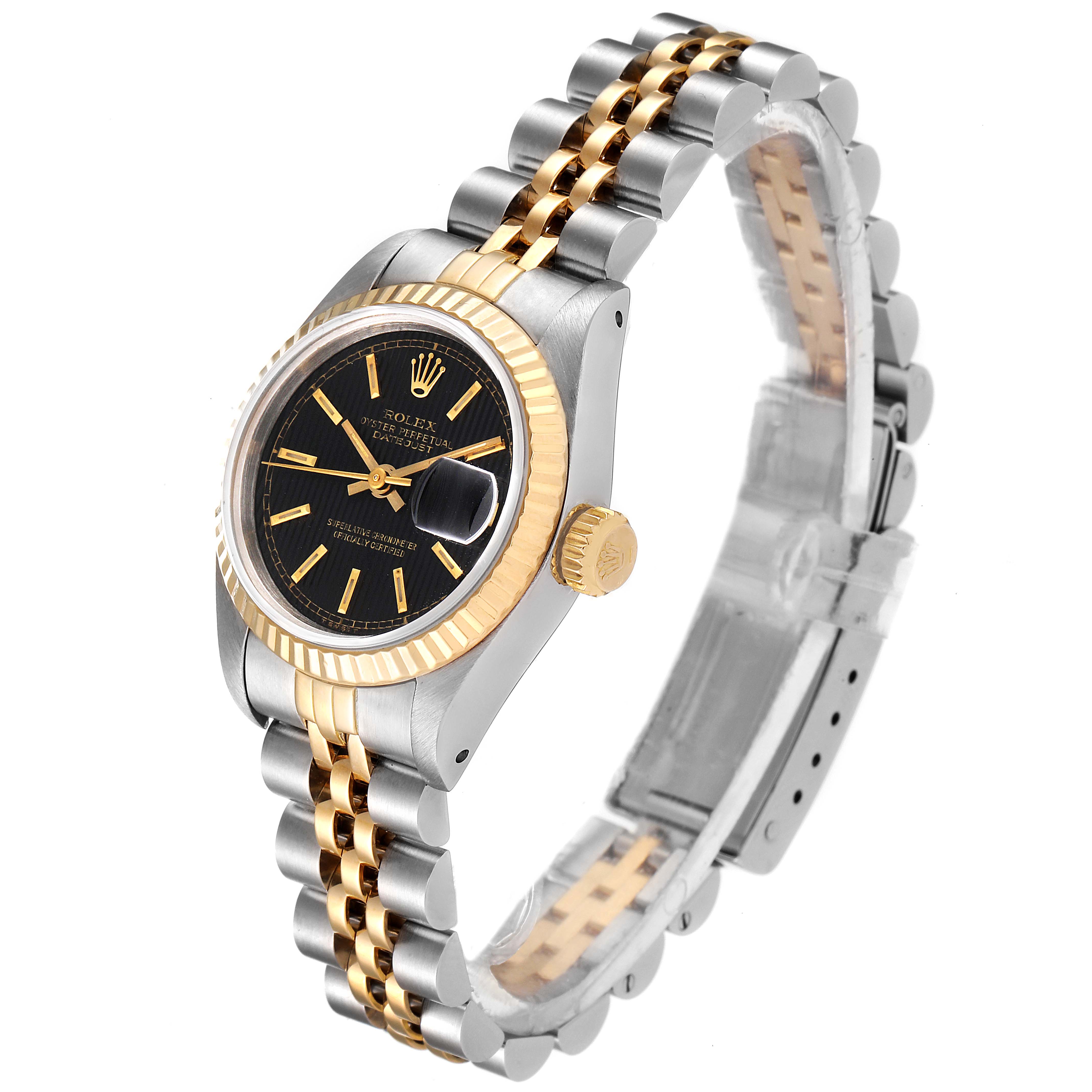 This image shows a Rolex Datejust 69173 Women's Steel and Gold (two tone) Black Dial 69173 Women's Steel and Gold (two tone) Black Dial watch at a slight angle highlighting the face, crown, bezel, and two-tone bracelet.
